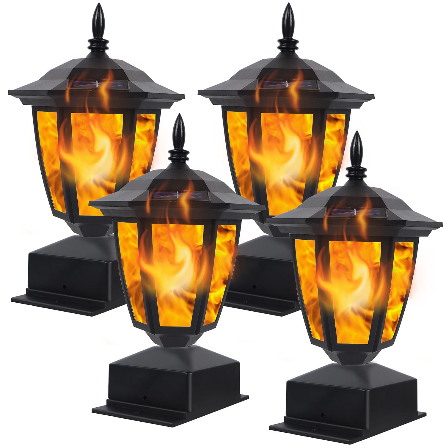 Dynaming Solar Flame Post Lights, Flickering LED Lanterns, Waterproof for Garden Deck Patio, 4 Pack, Black, Model ZTD23216-4