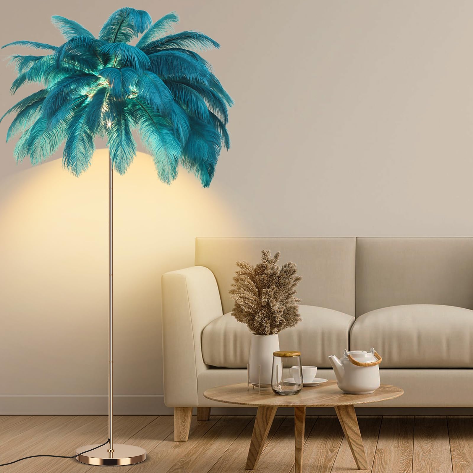 Fivemengo Feather Floor Lamp, Modern Arc Design, Rose Gold Body, Blue Color, Includes LED Bulbs, Model Yumao-Lan