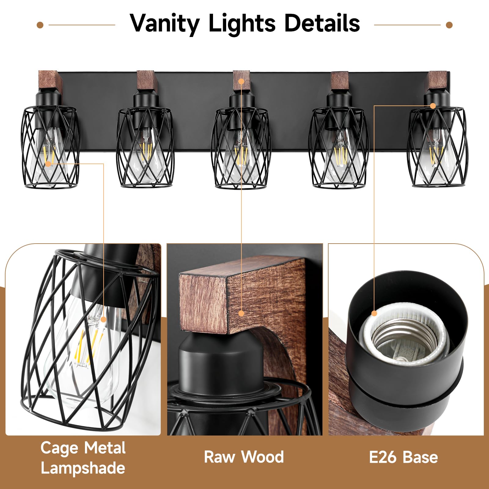 Dikaida 5-Light Vanity Light For Bathroom, Farmhouse Bathroom Vanity Light Over Mirror, Wood Wall Sconces Vanity Lighting With C