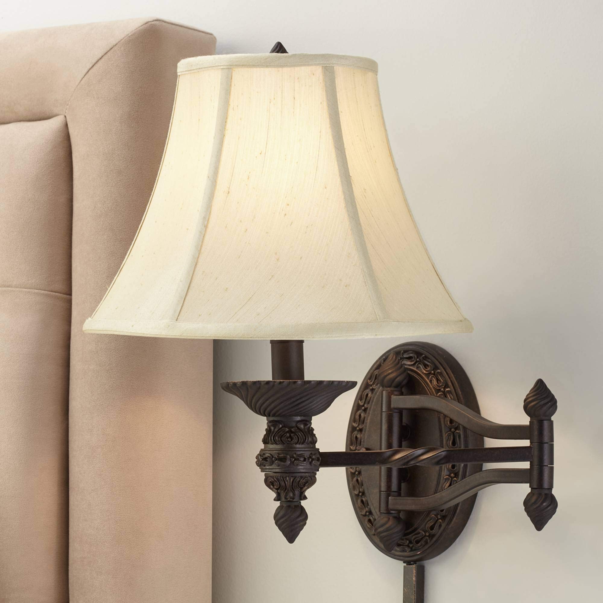 Barnes and Ivy Wall Lamp, French Country Style, Dimmable, Bronze, Metal, Beige Bell Shade, Model U3791, Indoor Use