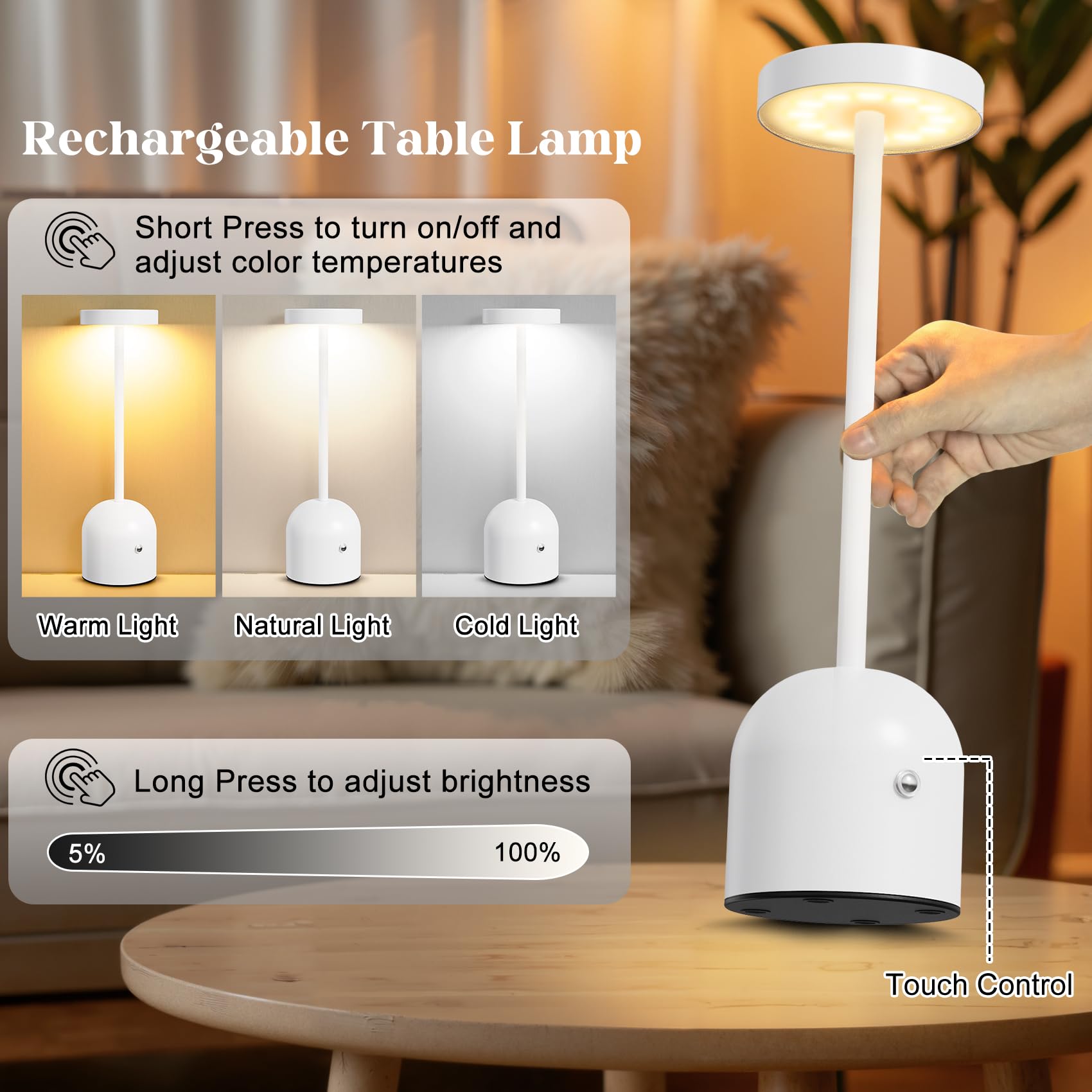 Yacoto Cordless Table Lamps, 2 Pack, 5000mAh Rechargeable, LED, White, Model DJ-018-3