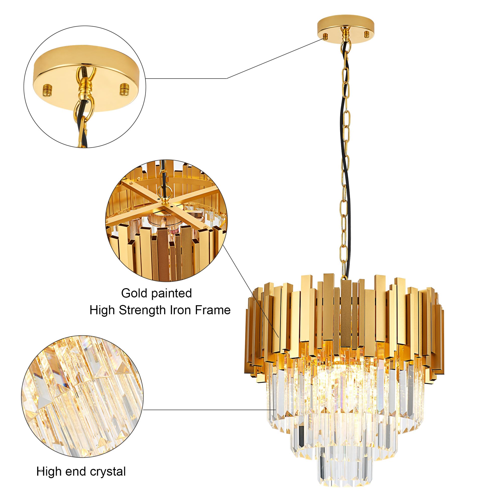 Faibra 15.75" Gold Crystal Pendant Light Fixtures,5-Light Luxury Crystal Pendant Light Perfect For Dining Room, Bedroom, Kitchen, Living Room 3-Tier