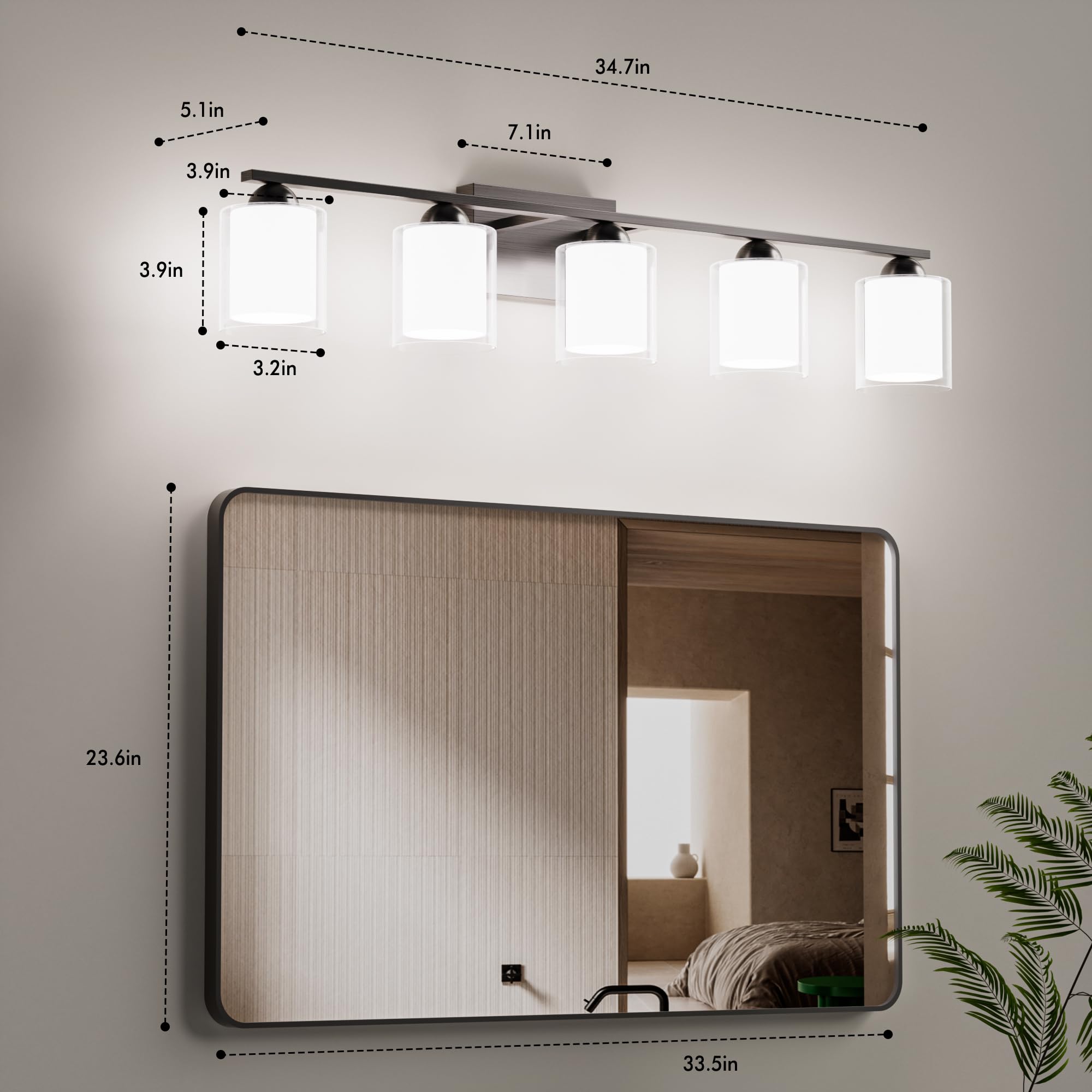 Quntis 5 Light Brushed Nickel Bathroom Light Fixtures  Modern Vanity Lights Over Mirror With 5 Colors & Stepless Dimmable  33 Inch Led Bathroom Lighting With Milk White Frosted Glass (Bulbs Included)