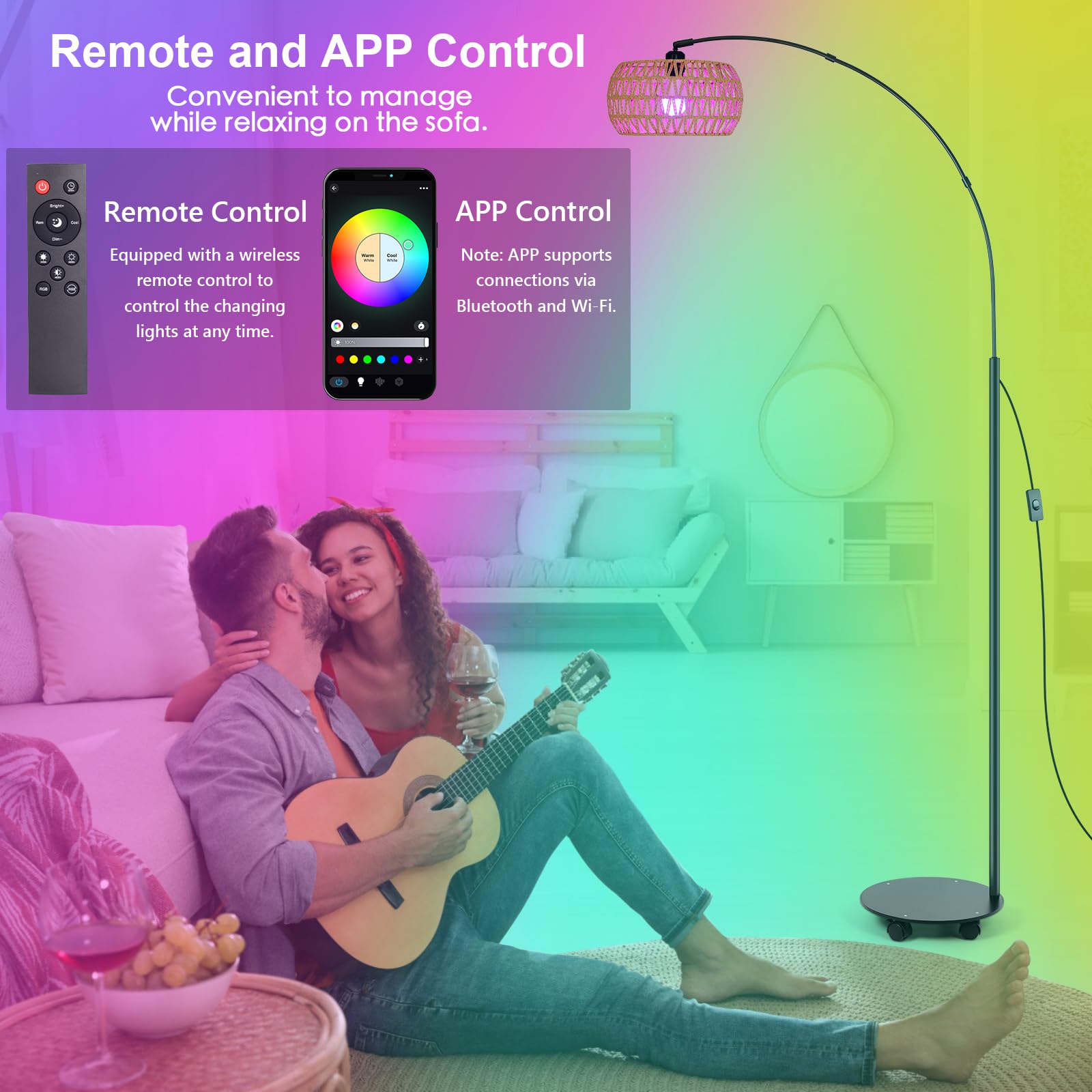 Jinglechoo Rgb Arc Floor Lamp With 3 Color Temperatures, Dimmable Rattan Boho Standing Lamp, App And Remote Control, Modern Tall