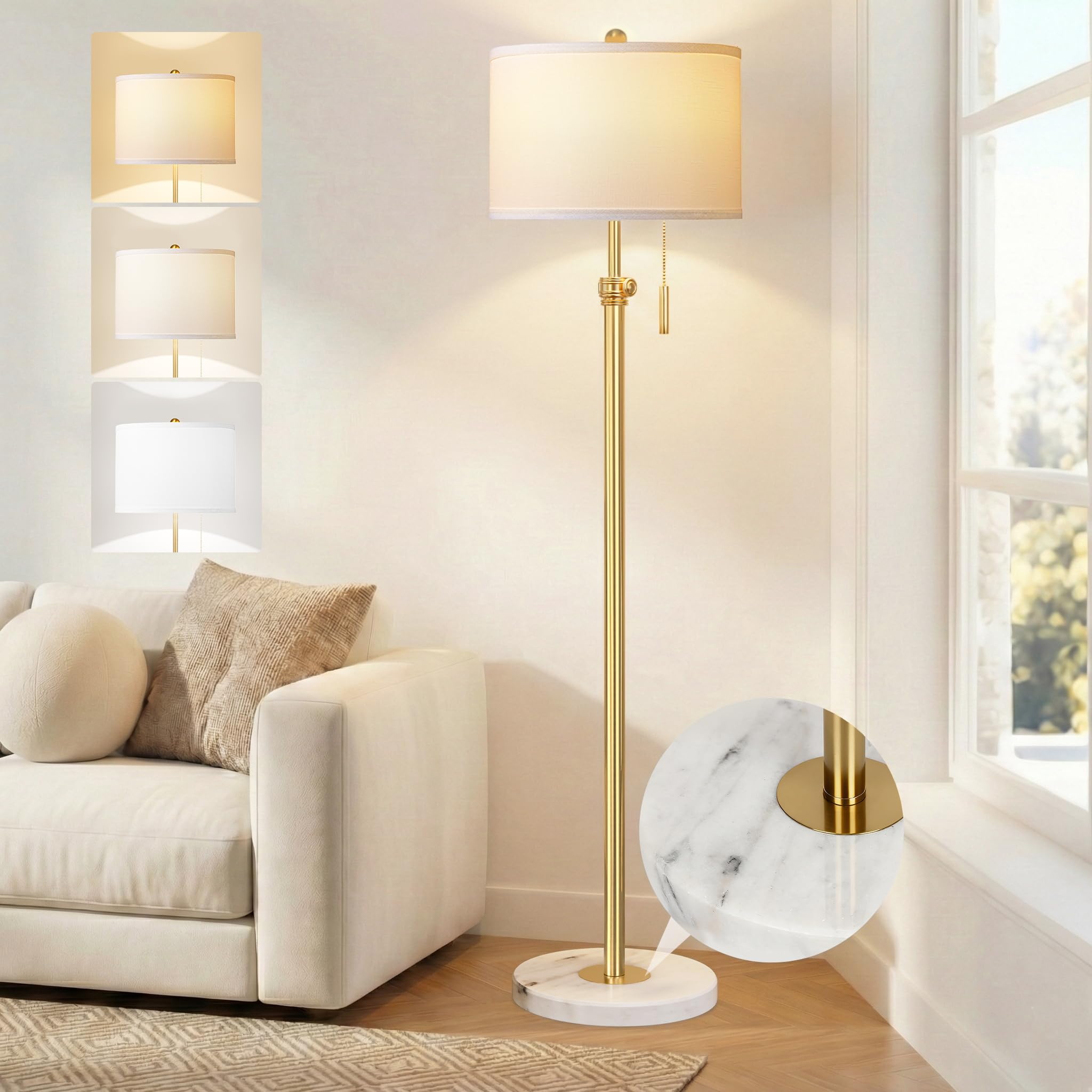 PARTPHONER Floor Lamp for Living Room  66 Adjustable Height Standing Lamp with Marble Base  3-Color Tall Lamps with Pull Chain  Suitable for Bedroom  Reading  Office (Bulb Included  White Shade)