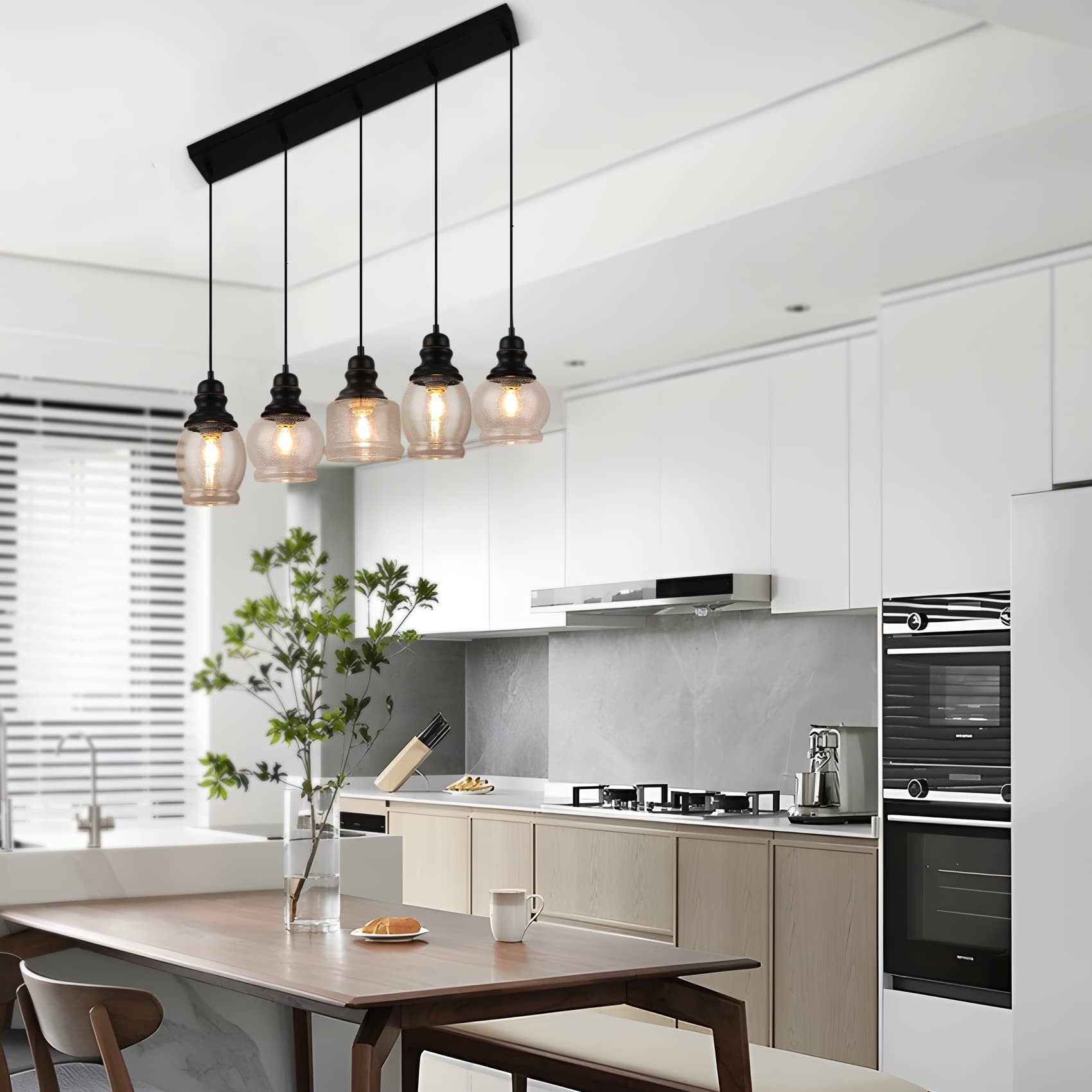 Wilon Pendant Lights Kitchen Island, 5-Light Dining Room Light Fixture With Seeded Glass Shade, Farmhouse Chandeliers For Dining