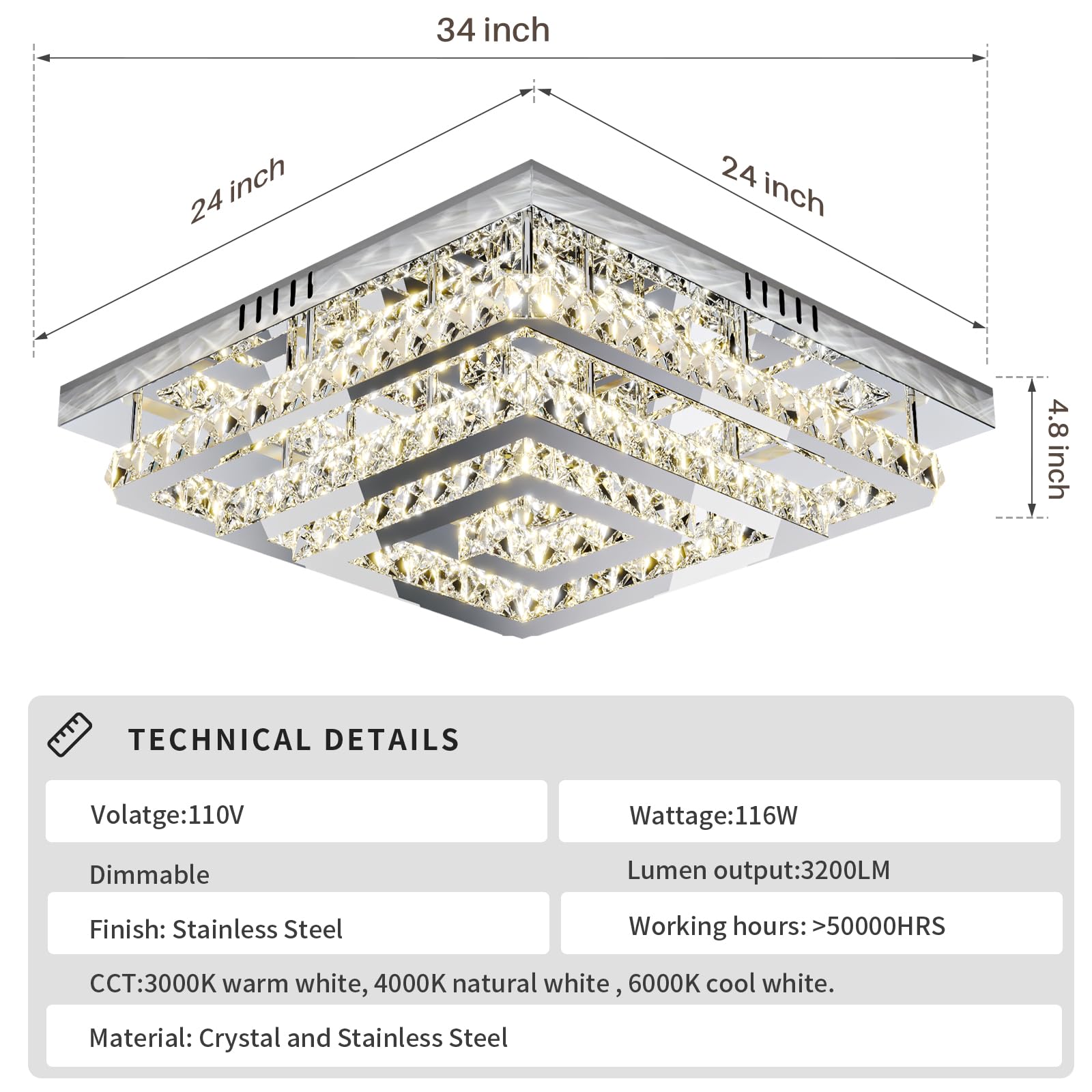 24'' Large Crystal Chandelier With Remote Control, 3 Color Temperature Light Fixture & Brightness Adjustable, Modern Flush Mount