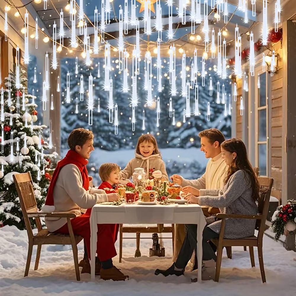 Kordain Meteor Shower Christmas Lights - 12In 8 Tubes, 144 Led, White, Ul Plug, 26.9Ft For Holiday Party Decoration