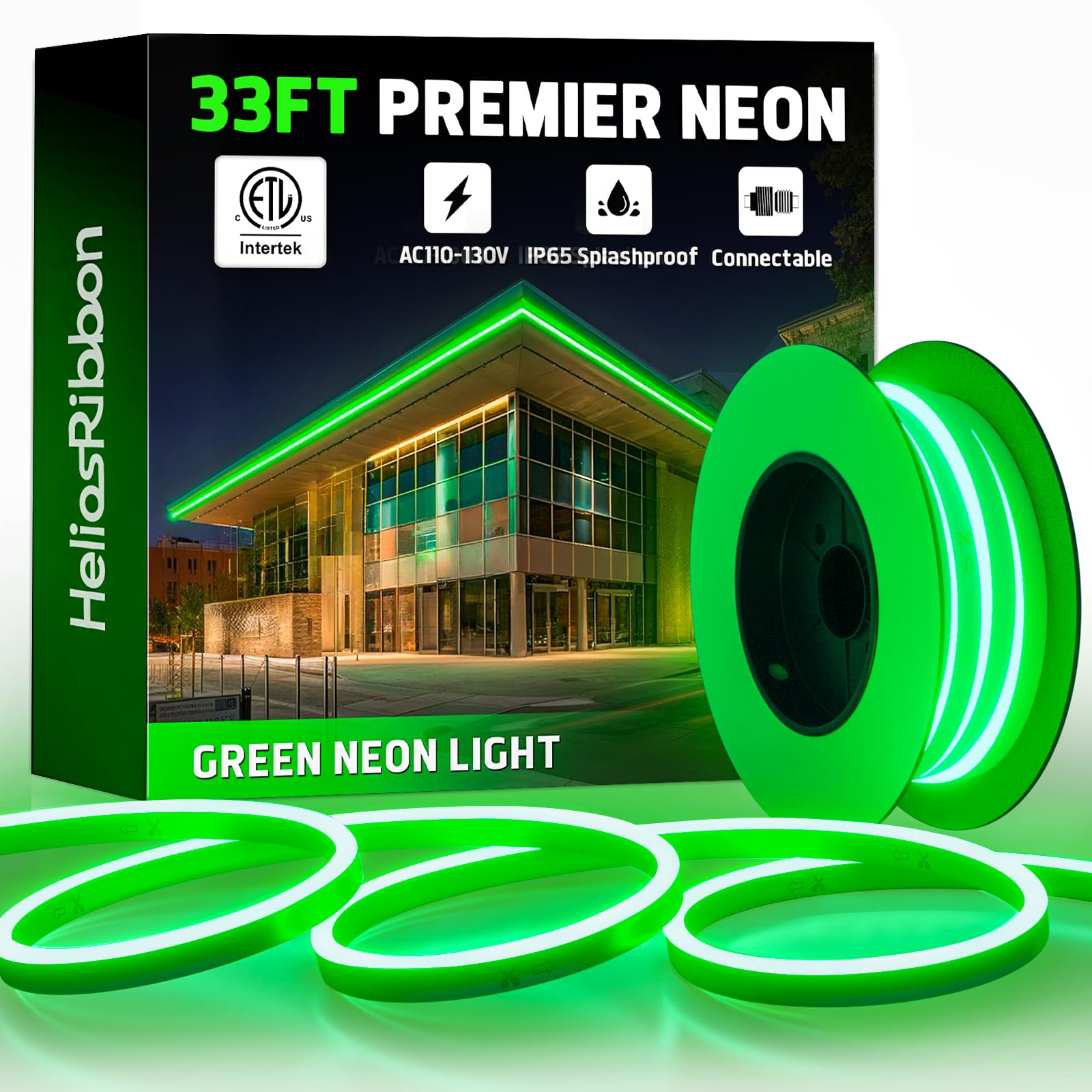 33FT Green LED Neon Rope Lights  ETL Listed 110-120V Flexible Neon Band Outdoor IP65 Waterproof  Connectable and Cuttable  for Bar Pub Game Room Home Commercial Festival Ambient Lighting Decor