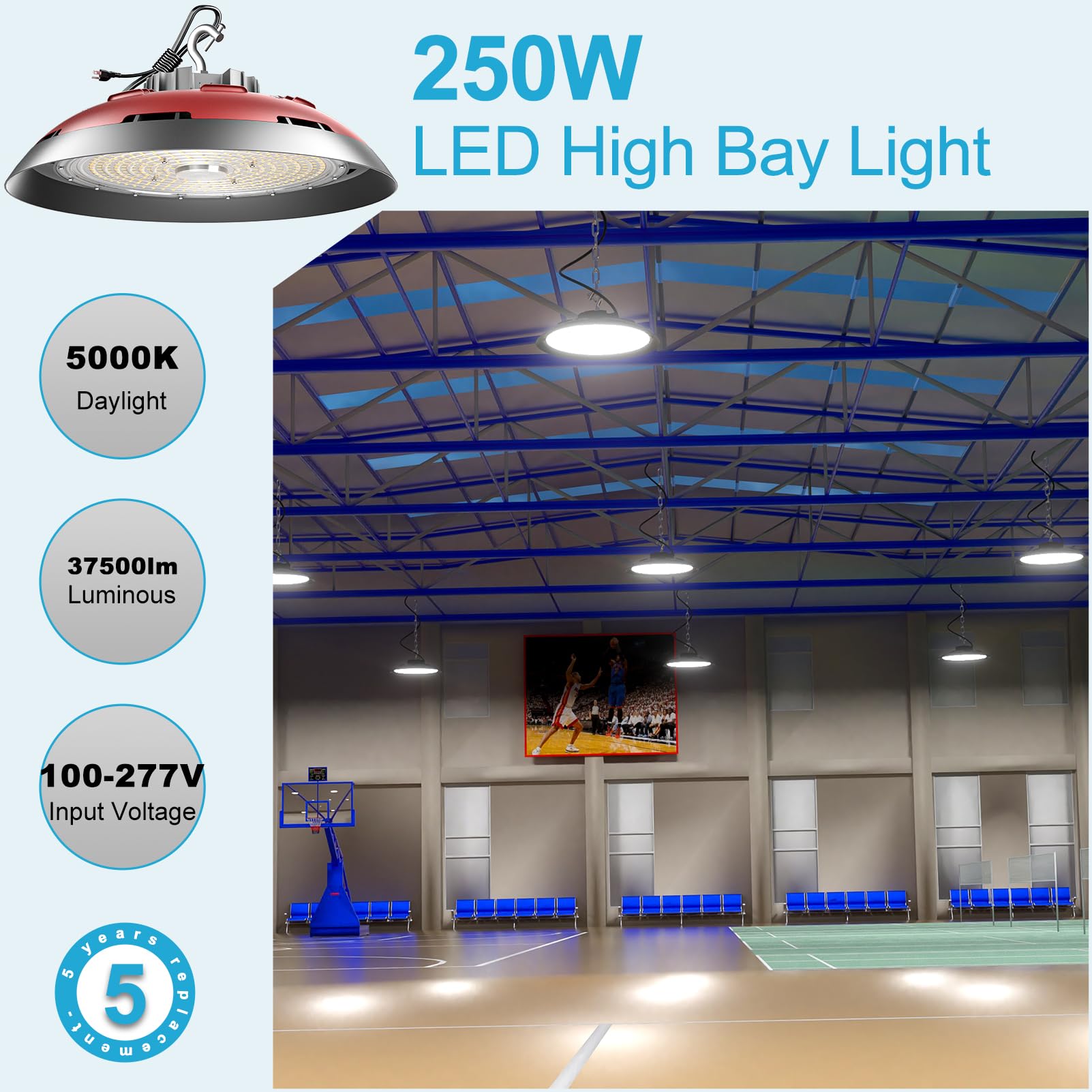 Lightdot 250W (260X1W) Led High Bay Lights 37500Lm Ufo High Bay Led Shop Lights With Us Plug, Ac100-277V 5000K Commercial Wareho