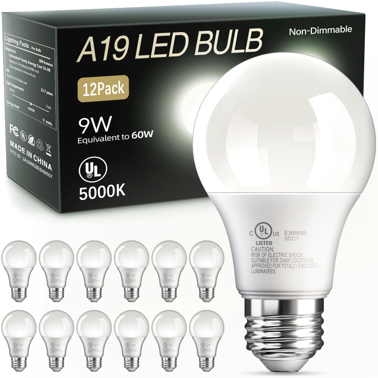 TJOY 12 Pack A19 LED Light Bulbs 60 Watt Equivalent, Efficient 9W, Daylight White 5000K, E26 Standard Base, Energy Saving Bright White Light Bulb for Home, Non Dimmable, 800LM, 80 CRI, 120V, UL Listed