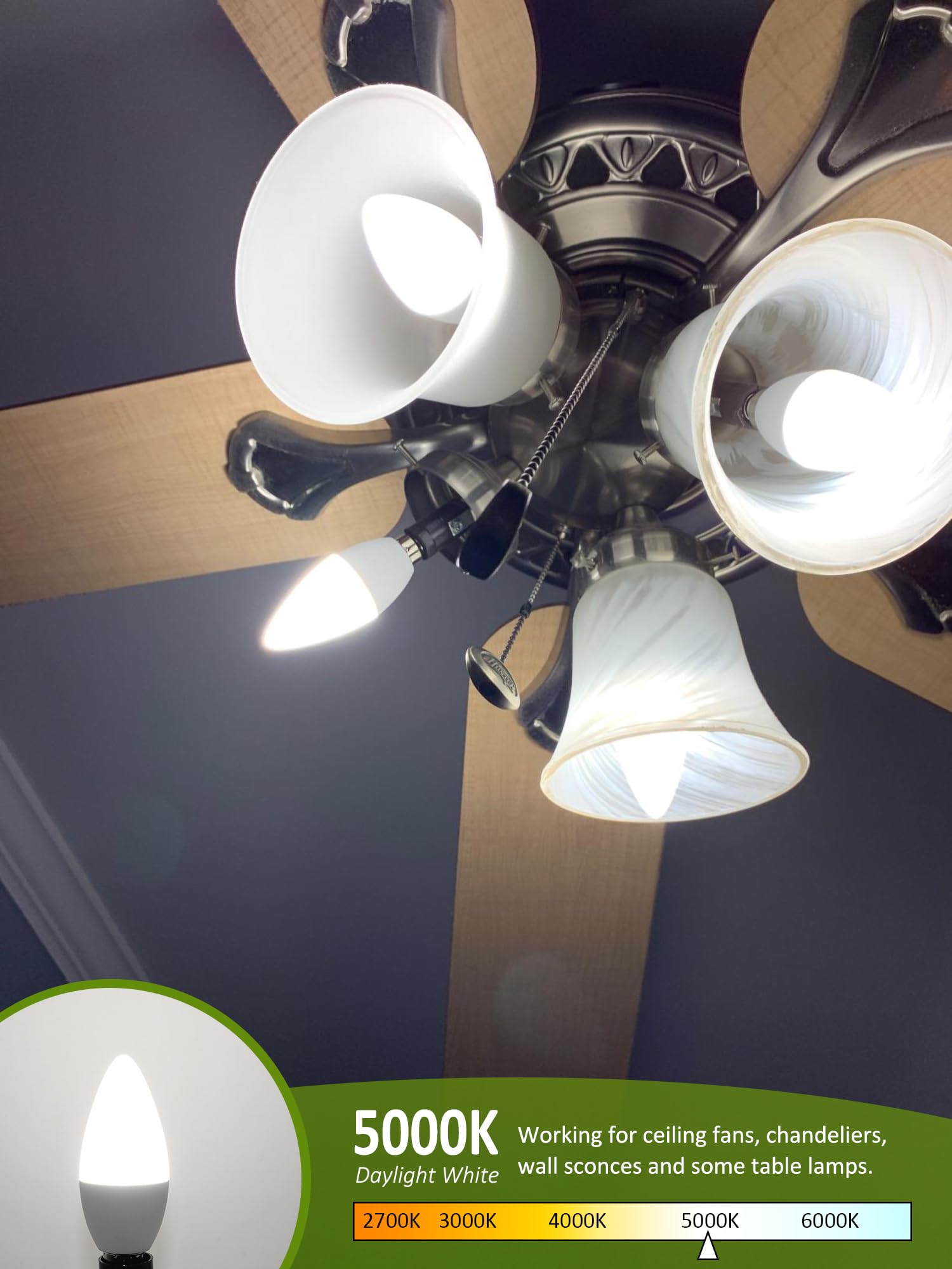 Giovar 4Pack Led Celing Fan Light Bulbs 60 Watt, Daylight 5000K, E12 Candelabra Bulb Base Socket, 120V, Type B, Non-Dimmable