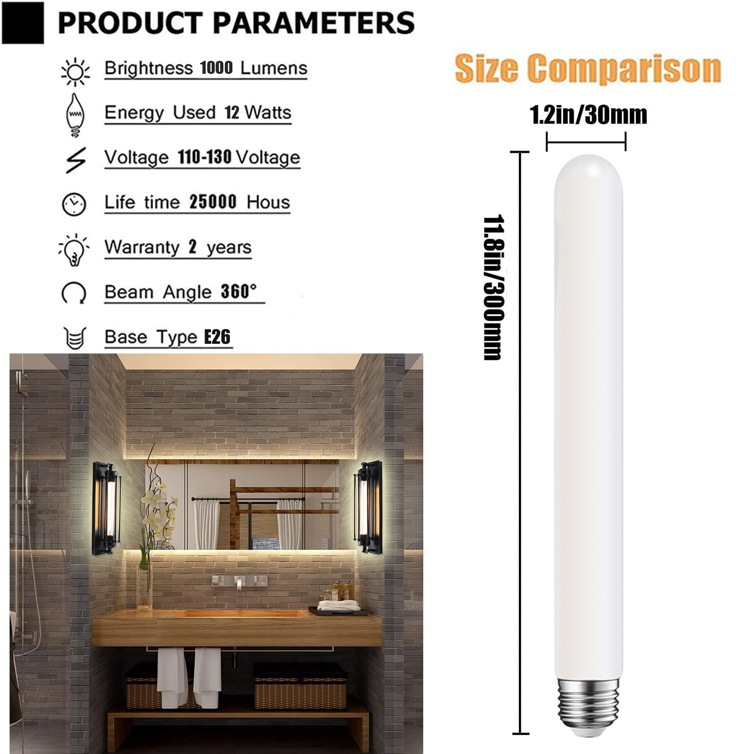 Leools E26 LED Light Bulb, T30 11.8inch Long Tubular Matt Opal Porcelain Dimmable Frosted, 12W Equal 100W, 2700K Warm White, CRI