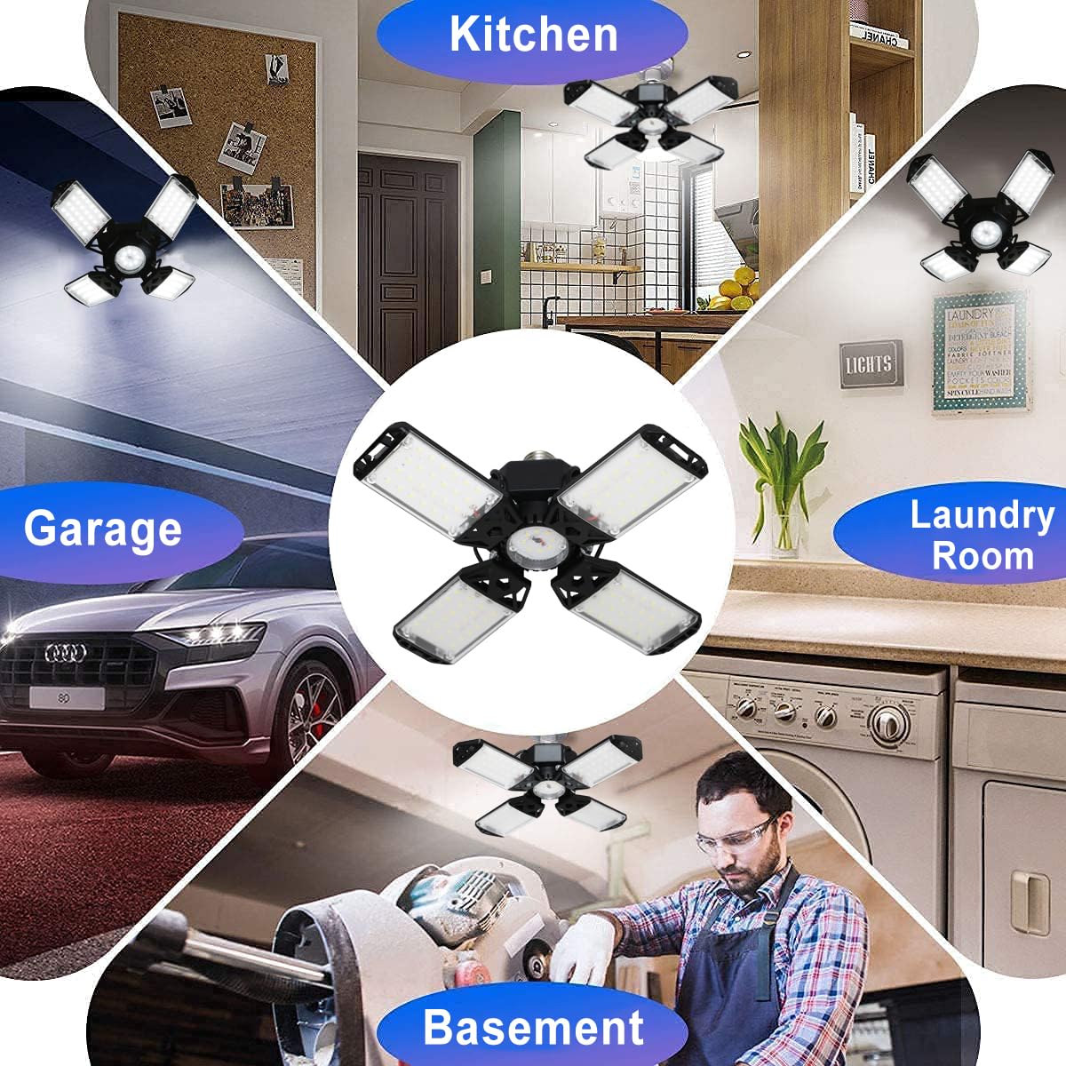 150W Led Garage Light - 15000 Lumen Ceiling Light With 4+1 Adjustable Panels  Daylight Led Shop Light Bulb Fixture For Garage  Workshop