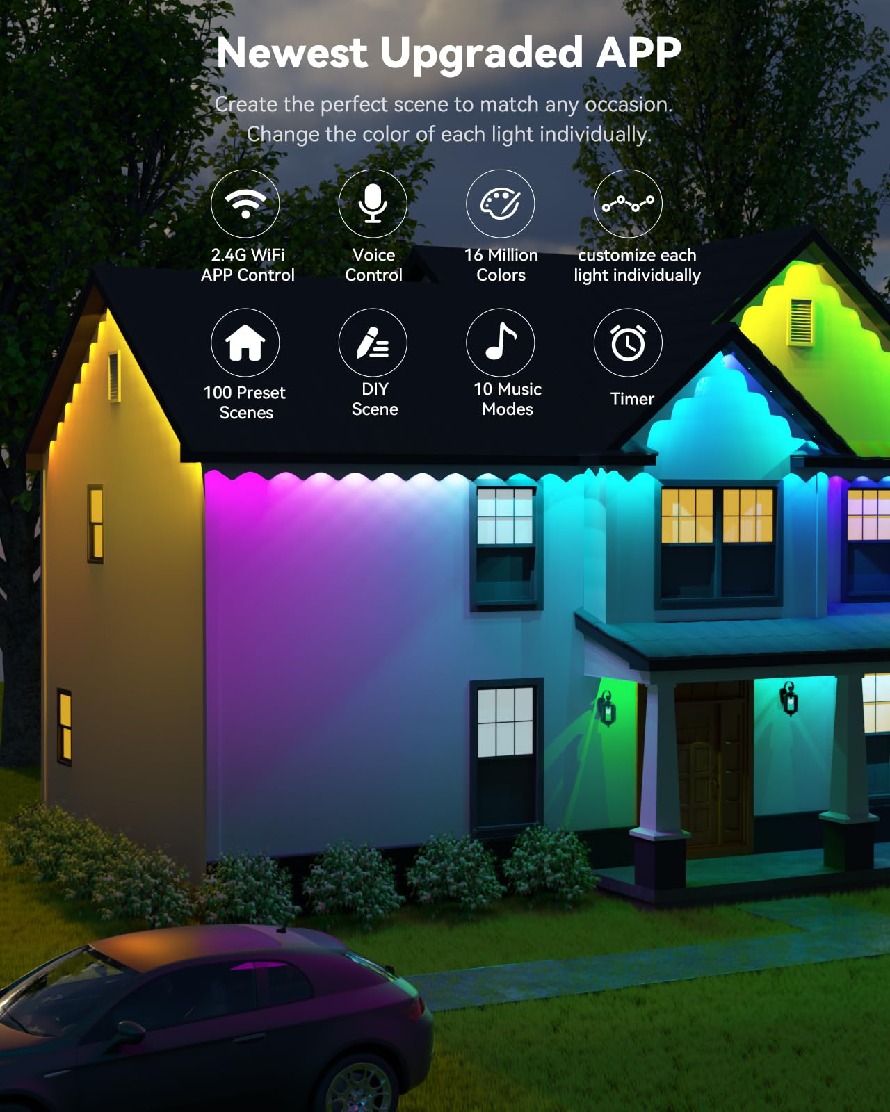 ASAHOM 100ft Outdoor LED Eave Lights, 60 RGBCW, IP67 Waterproof, 3600lm Bright, White, Model S105B