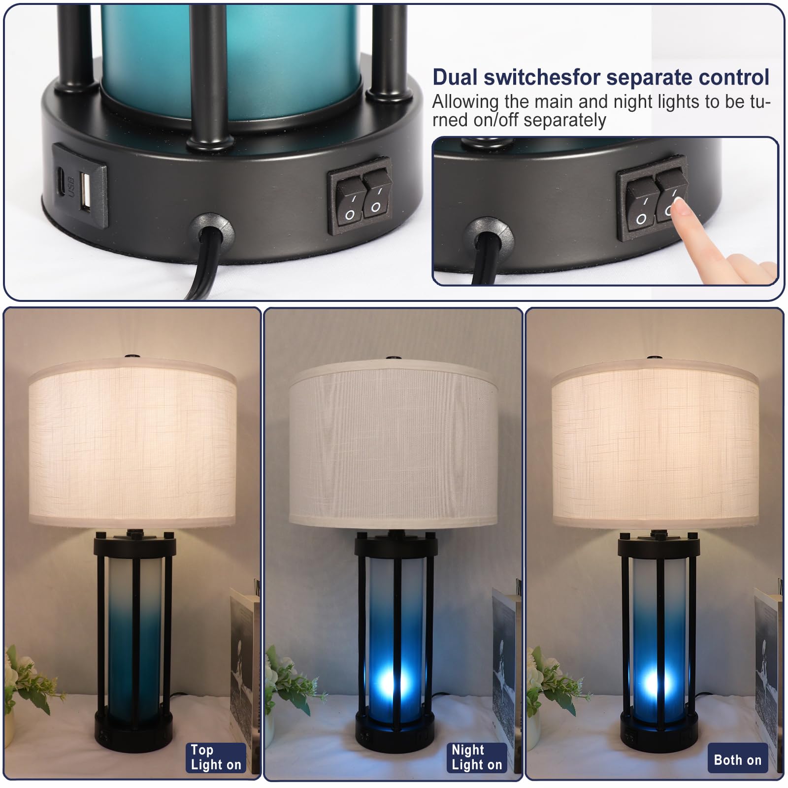 Lambaol Modern Table Lamps Set of 2, Frosted Glass, Gradient Blue, 2 USB Ports, TL001, Ideal for Bedroom and Living Room