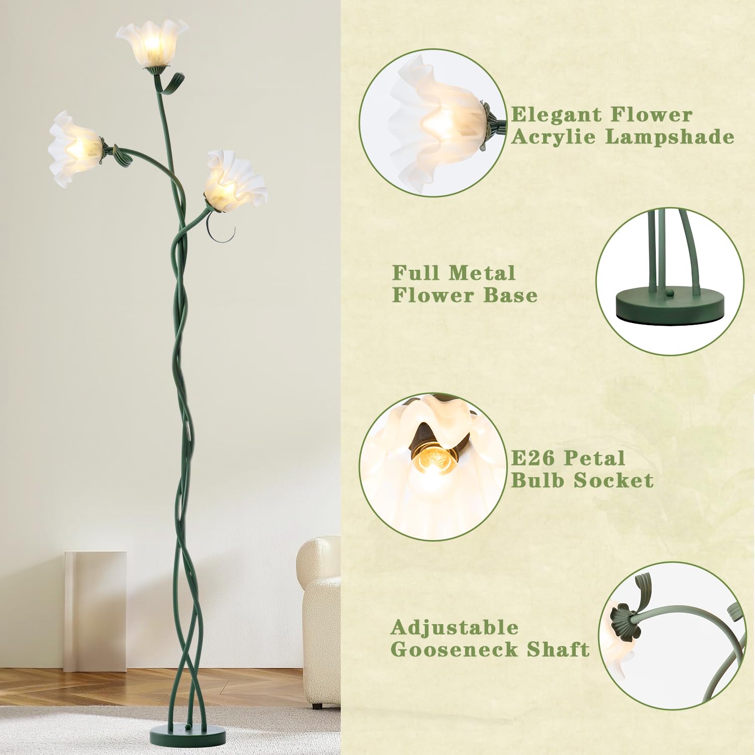 Werfop Flower Floor Lamp For Living Room,? Vintage Tall Flower Reading Lamp Flexible Gooseneck Corner Standing Light With Led Bulb For Bedroom Living Room Office Home Decor
