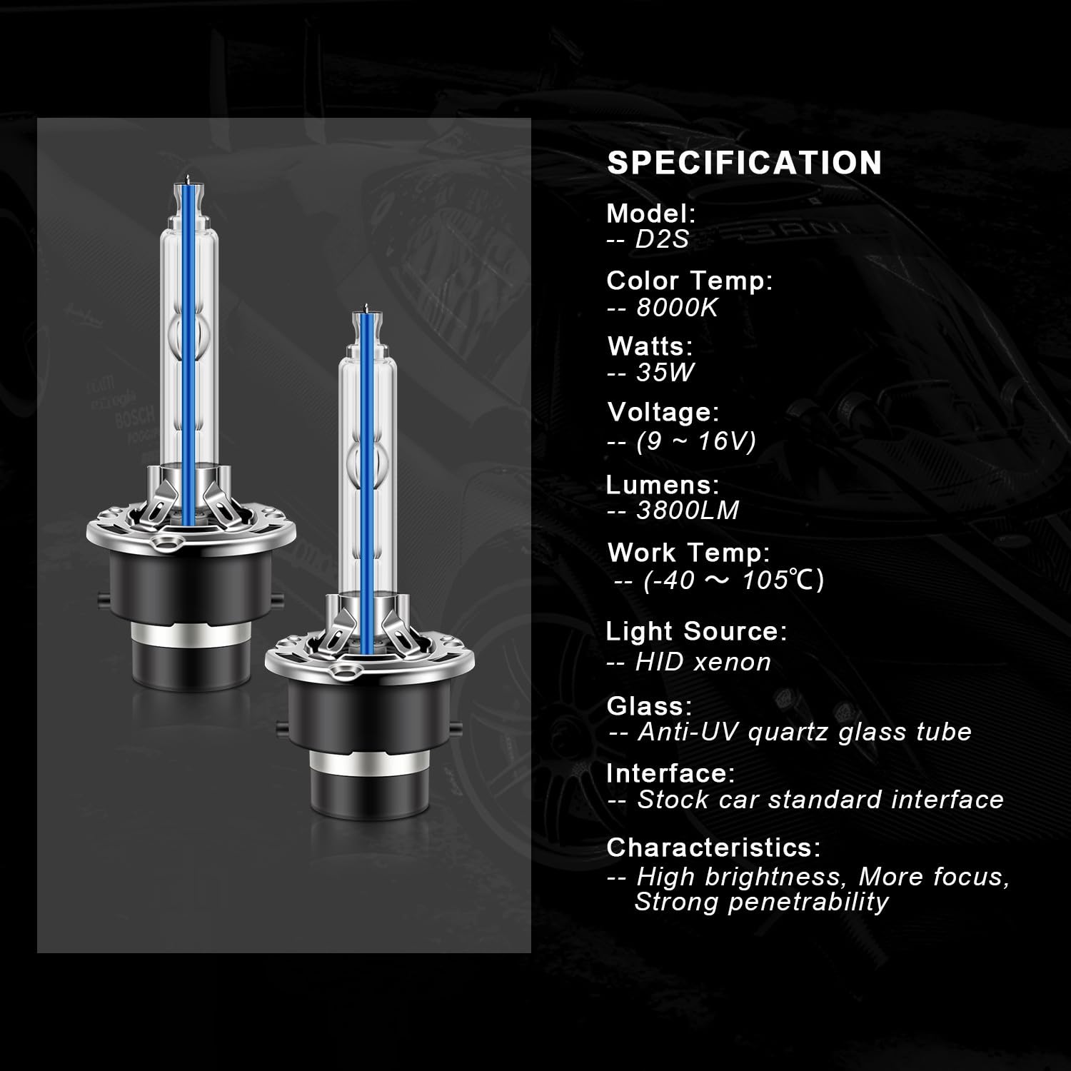 WinPower D2S HID Headlight Bulb 8000K Ice Blue White 35W Metal Base High Low Beam Replacement Pack of 2