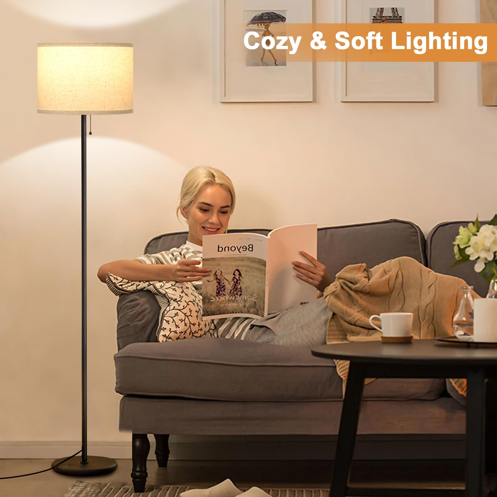 Ambimall Modern Standing Floor Lamp For Living Room & Bedroom With 3 Color Temperatures Bulb & Pull Chain Switch, 60'' Tall With