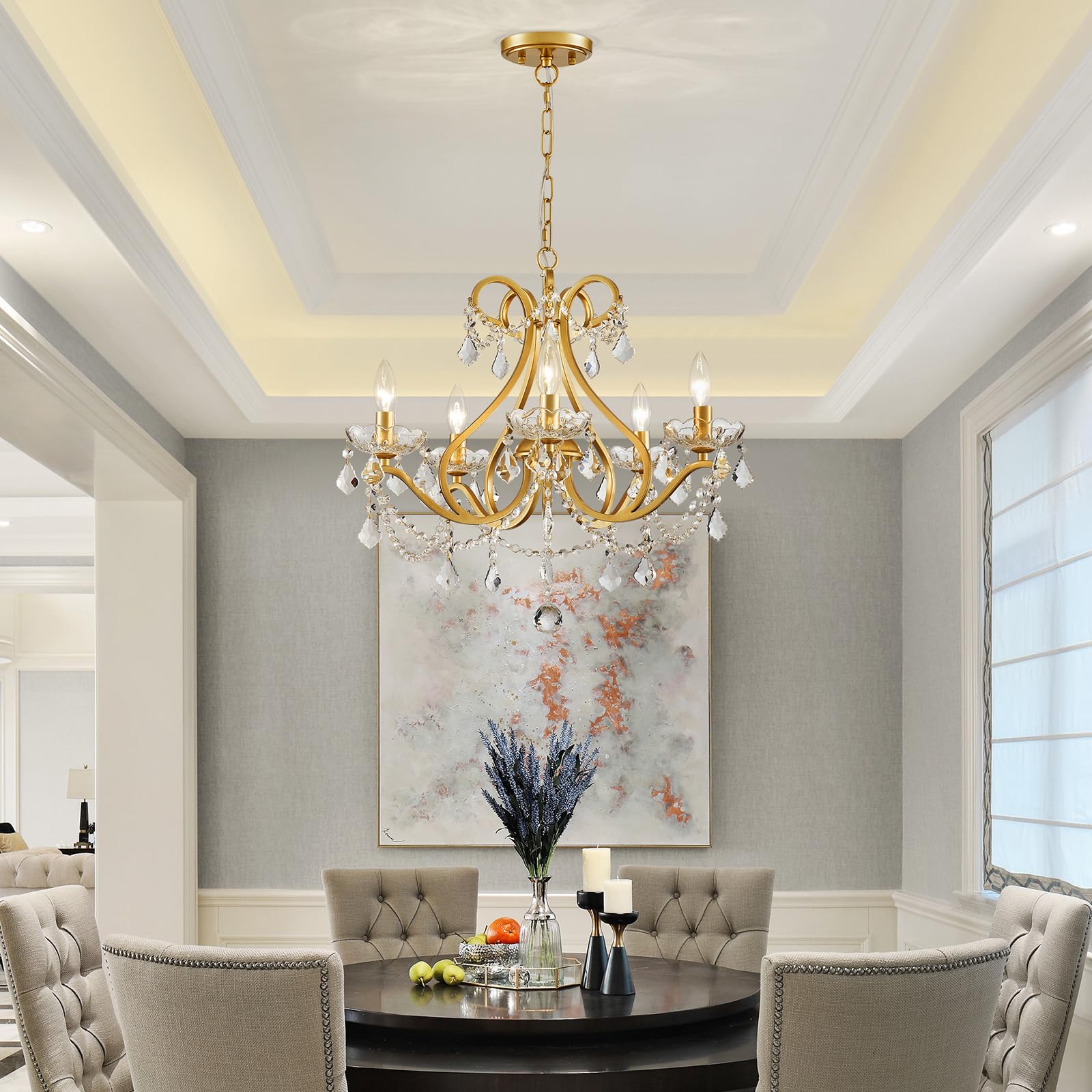 WUZUPS Crystal 5-Light Chandelier Pendant Ceiling Light, Gold, H 20.9" x W 21.7", Modern Lighting Fixture for Bedroom, Kitchen, Bathroom
