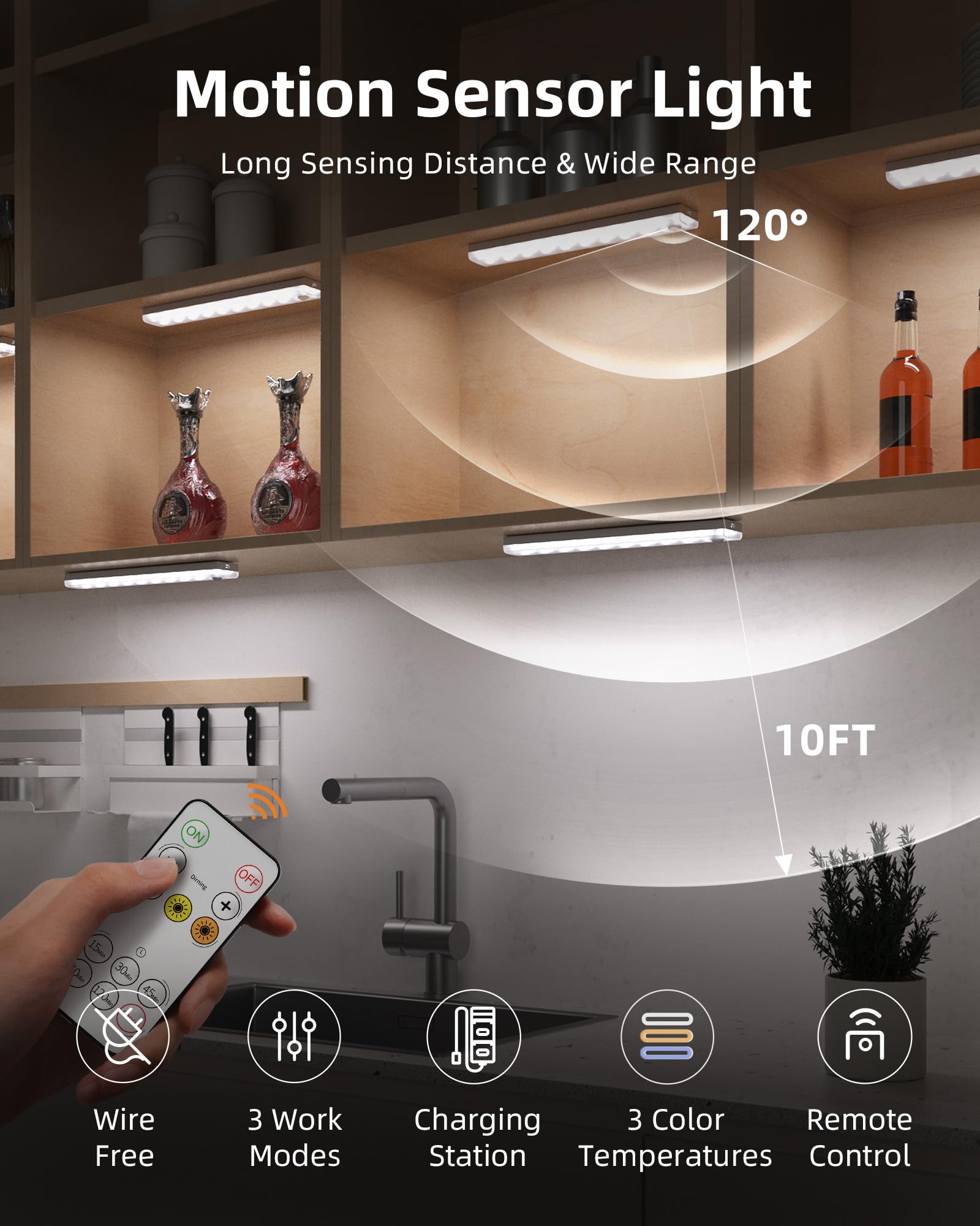 Ezvalo 62 Led Under Cabinet Lights, Rechargeable Motion Sensor, Dimmable, 3 Color Temps, 6Pack