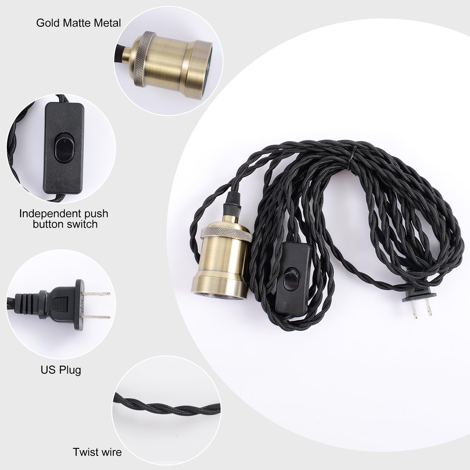 Plug In Pendant Light Cord Hanging Light Kit With Switch,Farmhouse Hanging Lights 19.68 Ft Power Cord Length,Hemp Rope Plug In B