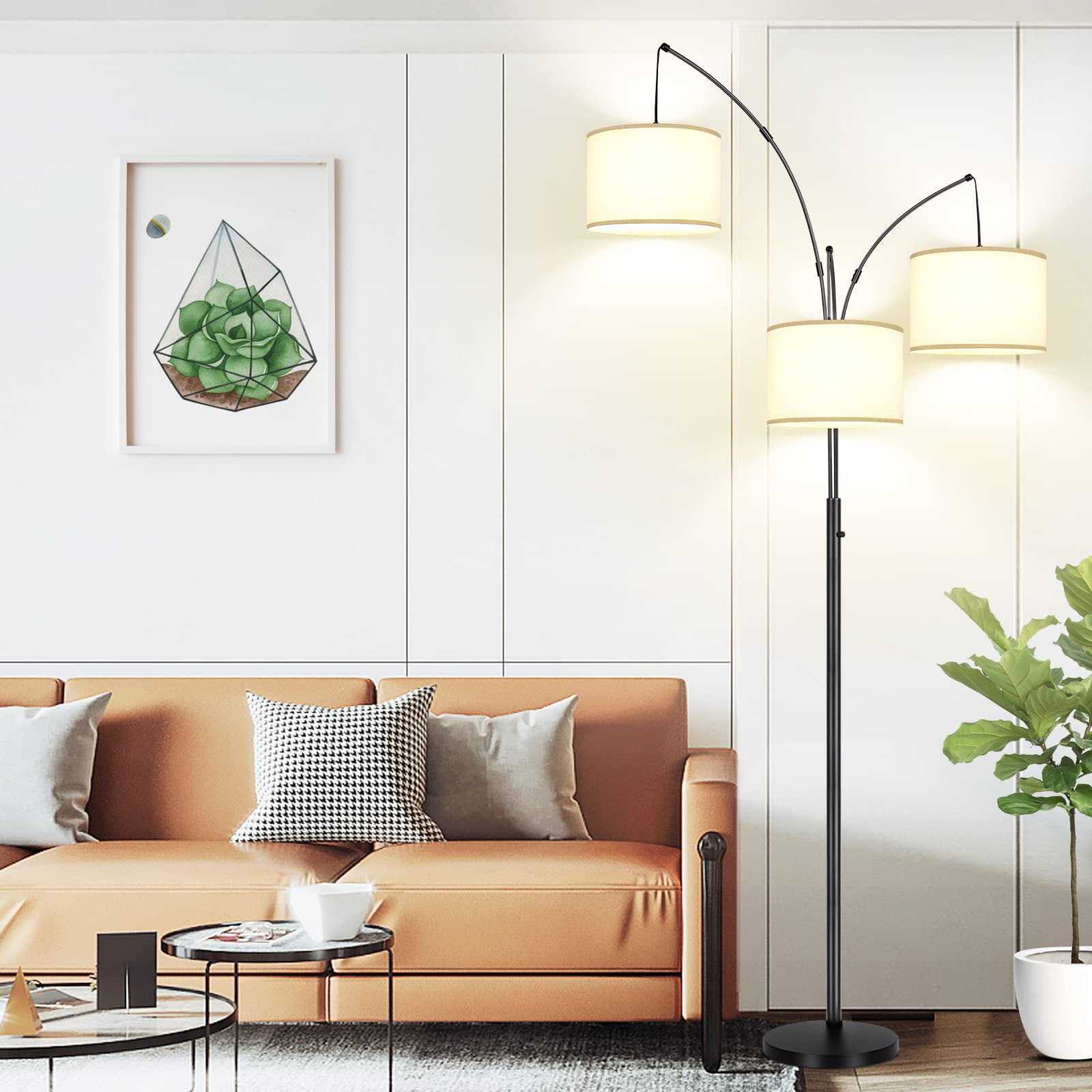 Nintiue Dimmable Floor Lamp - 3 Lights Arc, Matte Black with Beige Linen Shades, Model F1378, Includes 3 LED Bulbs