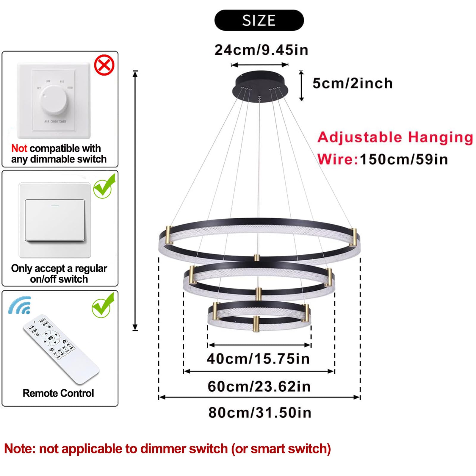 Siittoo Modern Crystal Chandelier Light Fixture  Dimmable Led Acrylic Pendant Lighting  Adjustable Black Chandelier For Dining Living Room Bedroom Kitchen (3 Rings  57W  F31.5+23.6+15.8)