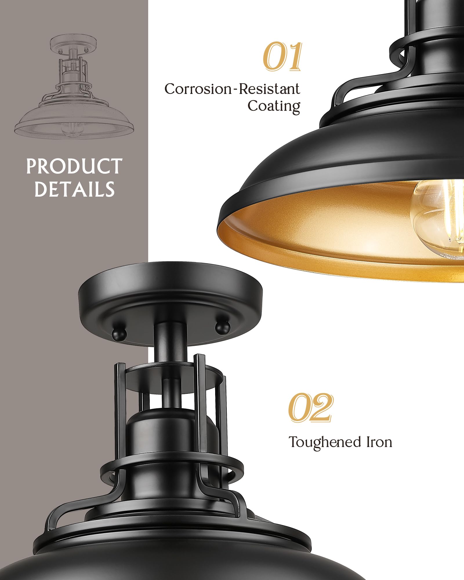 Femila Industrial Semi Flush Mount Ceiling Light  12 Farmhouse Front Porch Ceiling Lighting Fixture  2 Pack Outdoor Flush Mount Porch Light For Entryway  Hallway  Kitchen  4Fy15-F-2Pk Bk-1