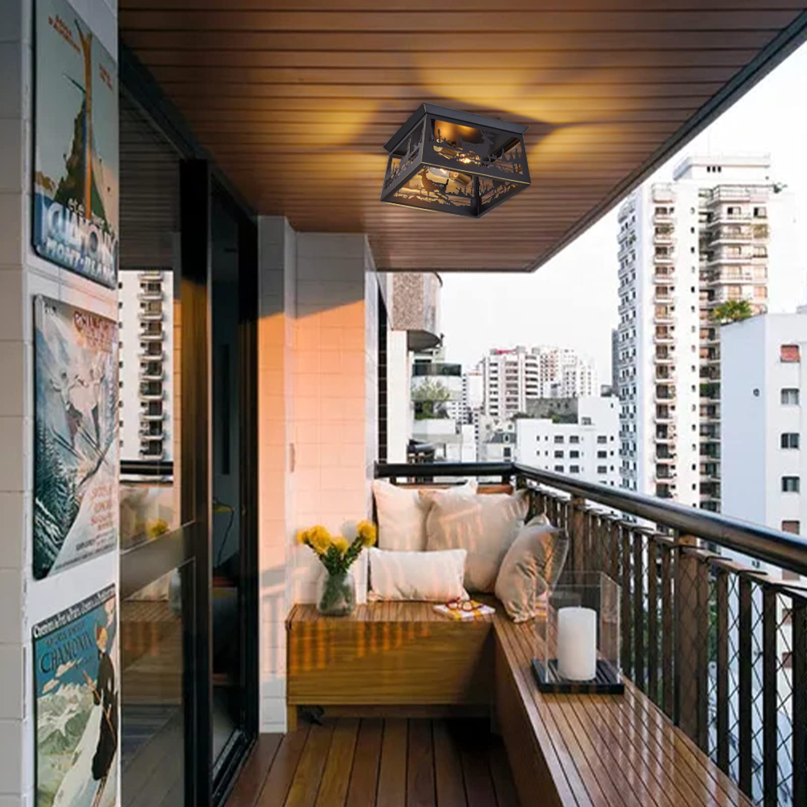 MLGB Farmhouse Flush Mount Ceiling Light Fixture, 12.6 inch, 2-Light Rustic Deer Design for Hallway, Porch, Entryway, Bedroom, Kitchen