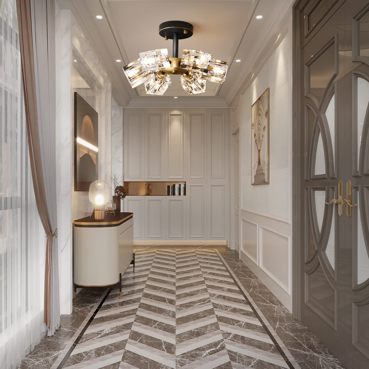 Okes 13&quot; Black And Gold Crystal Semi Flush Mount Light - 6-Light Industrial Chandelier For Home