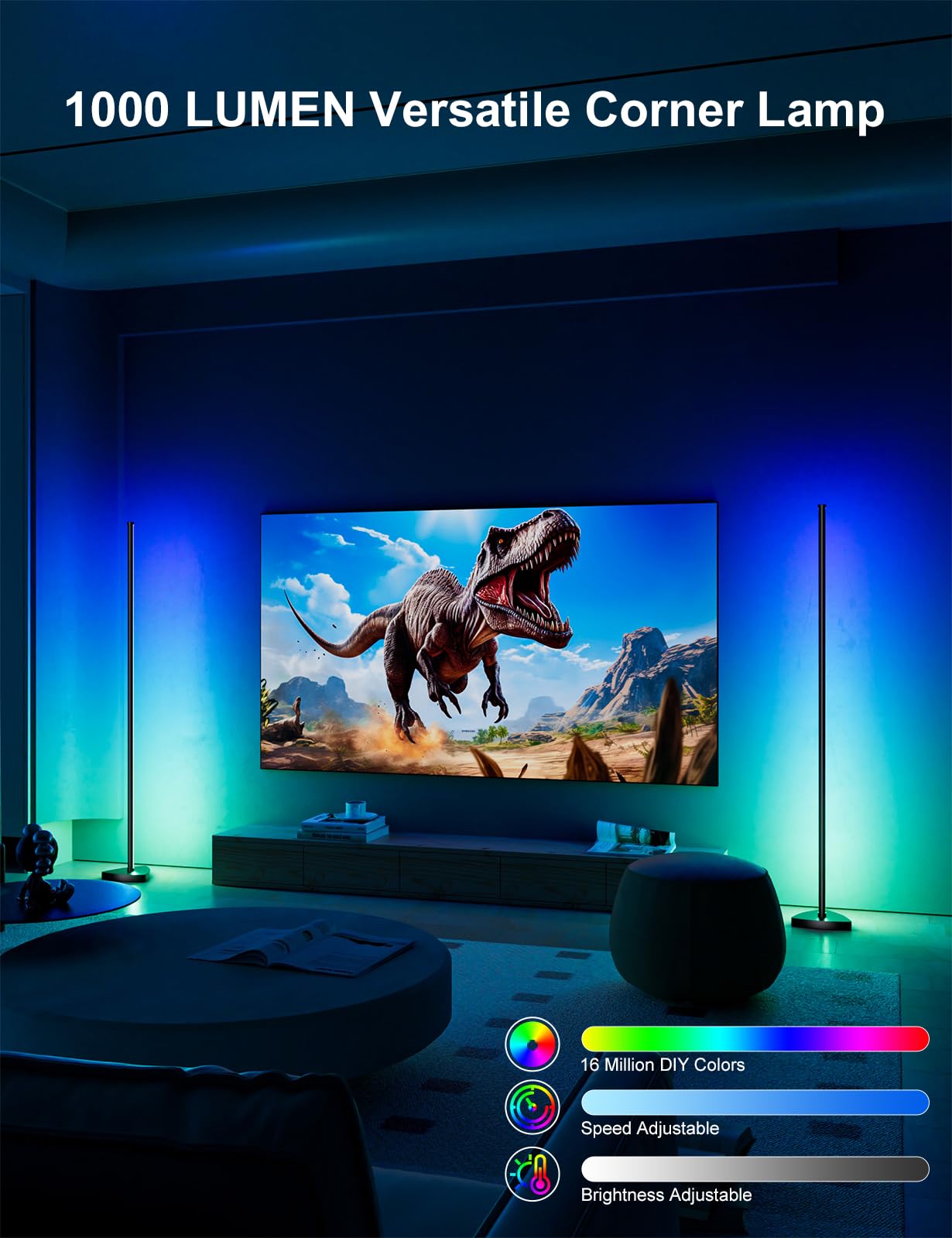 Eastfine Corner Floor Lamp 70in - RGB LED, 2 Pack, Bluetooth Control, Aluminum, Model DX23012-01