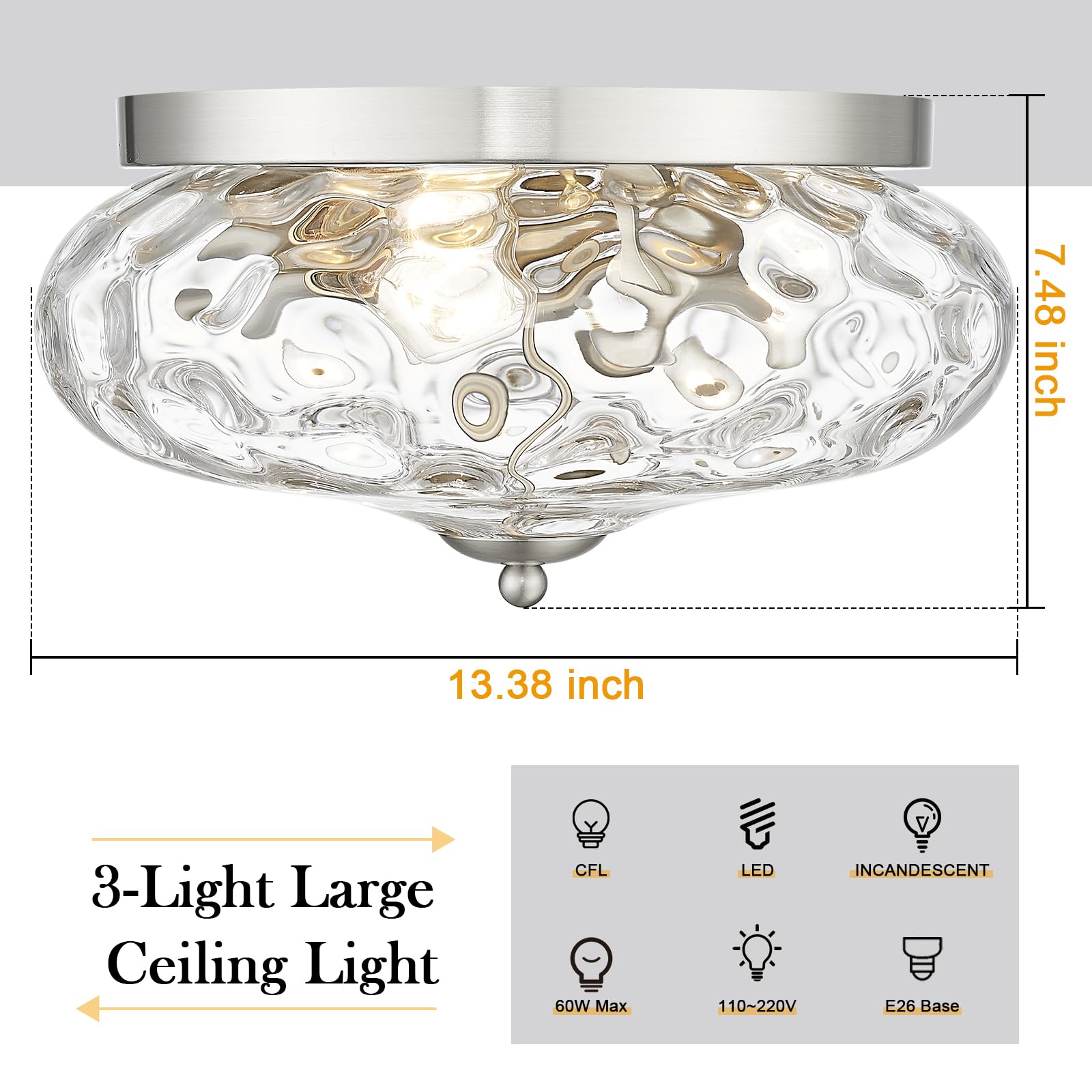 Darkaway Large Ceiling Light Fixtures 3-Ight Flush Mount Indoor Outdoor Ceiling Light With Water Ipple Glass Shade For Kitchen B