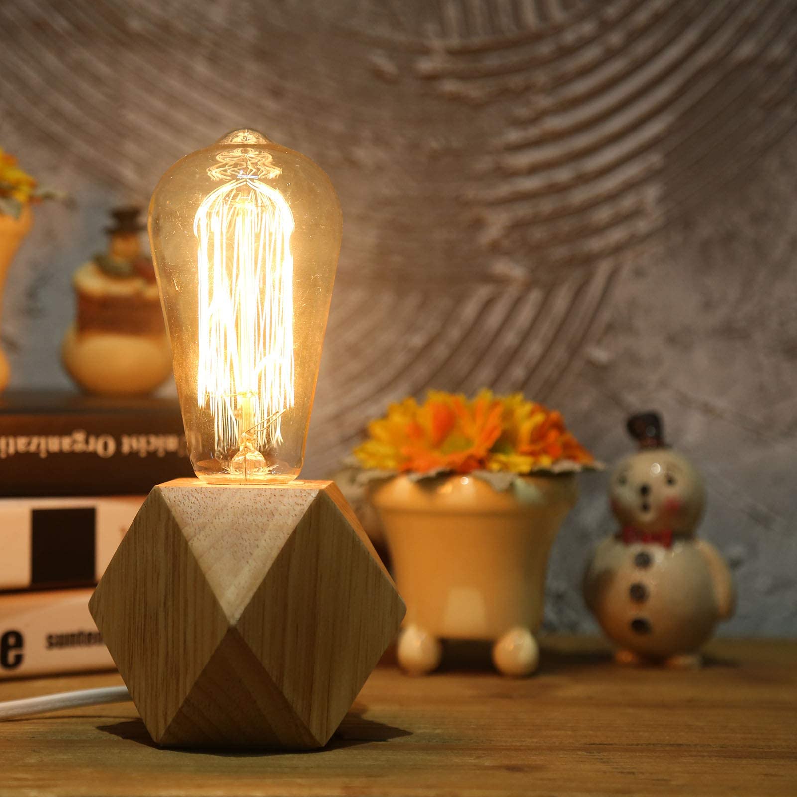 Ouxean Small Wood Table Lamp Edison Bulb Dimmable Desk Lamp E26 60W Industrial Night Light Boho Deco For Bedroom, Living Room Or