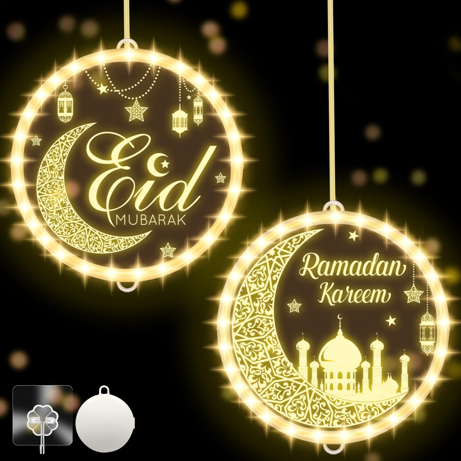 gisgfim 3D Eid Ramadan Mubarak Lights - Battery Operated, Acrylic, White, Model MM1518, Indoor/Outdoor Decoration