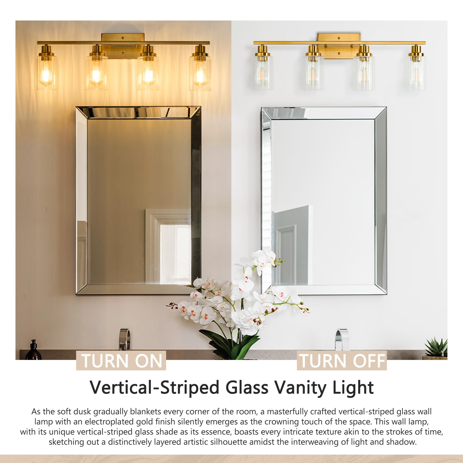 Jonsi 4-Light Brushed Gold Bathroom Vanity Light Fixture with Glass Shades, 31.1 Inch, E26 Wall Sconces for Bathroom, Living Room, Hallway
