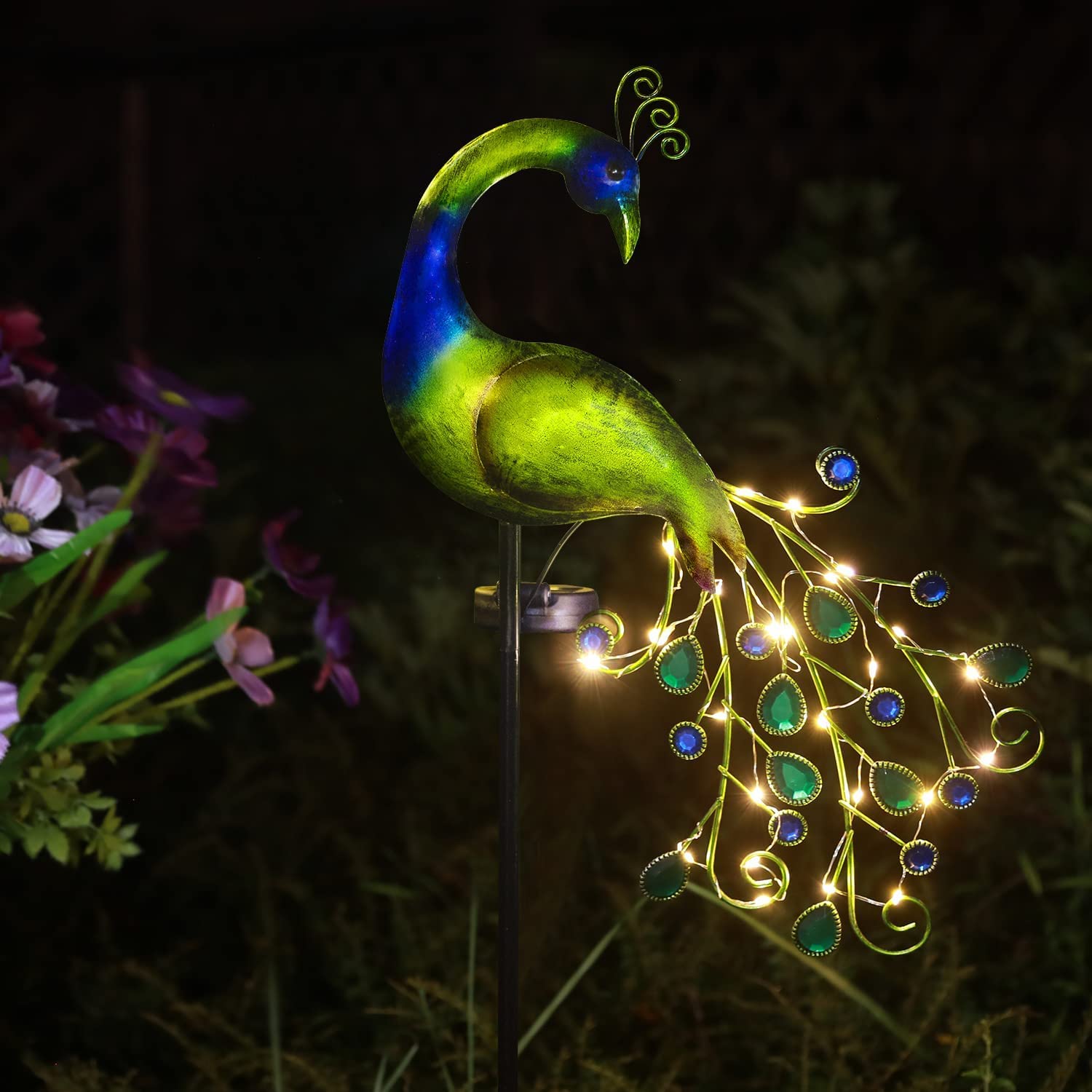 JJALIGHTS Solar Garden Lights - Metal Peacock Decor, Waterproof Outdoor Stake Light for Patio, Lawn, Yard - A-Peacock Color