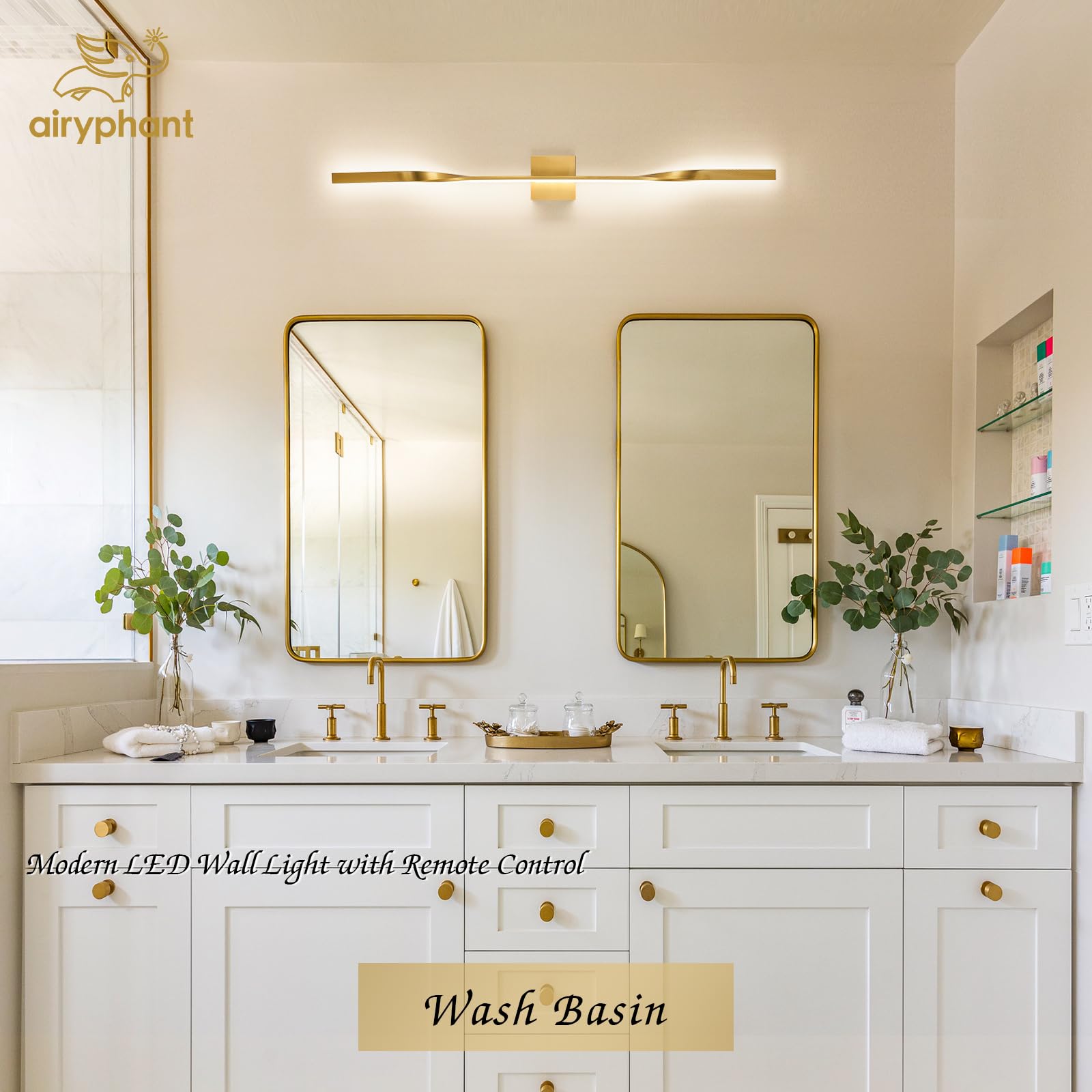AIRYPHANT LED Vanity Light 48” Dimmable Wall Lamp with Remote Control, Gold, Model W2011-120GDC2, 2 Pack