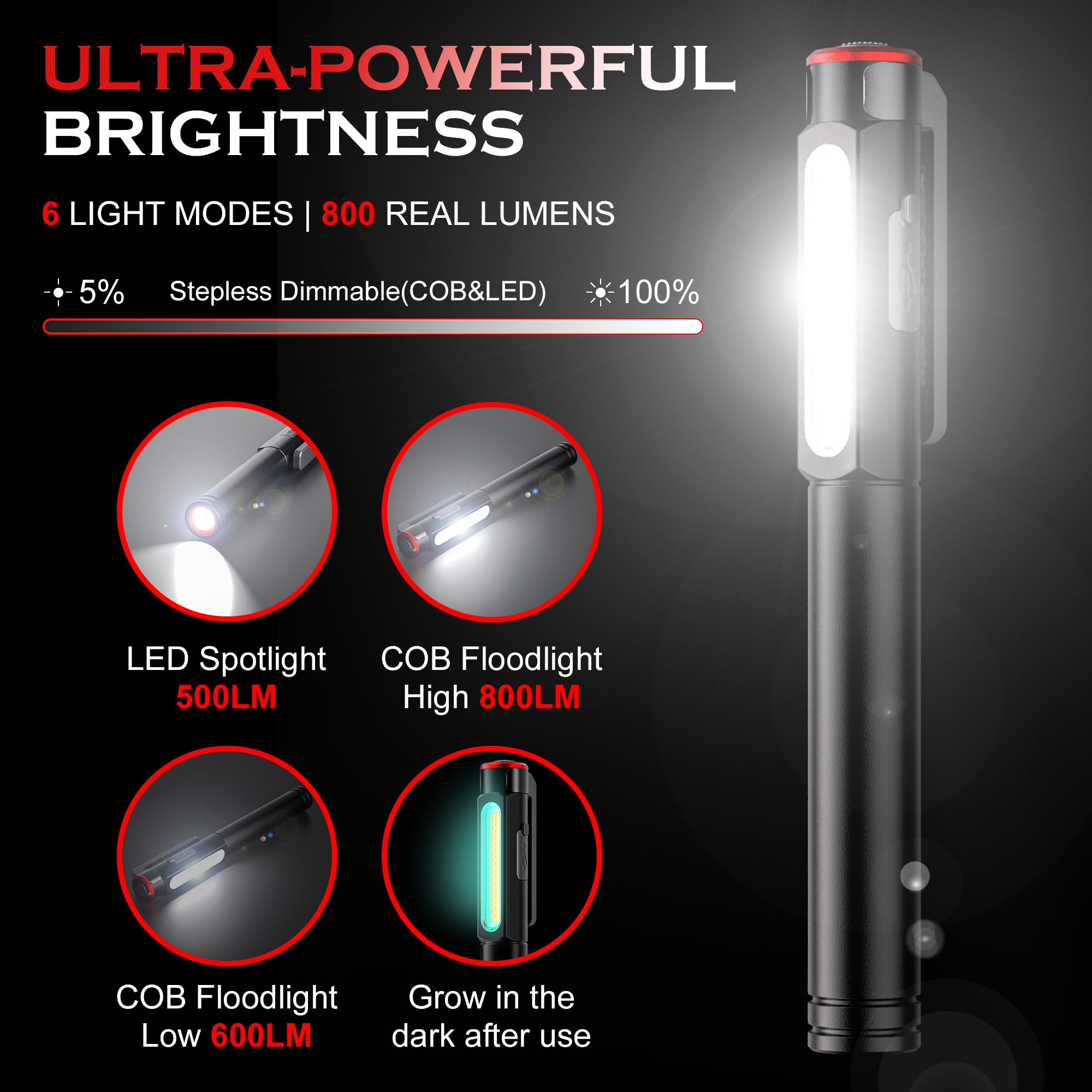 Favourlite 800 Lumens Rechargeable Pen Light Flashlight, 6 Modes, COB, Magnetic, Waterproof, Black, Portable Work Light for Nurses, 5.39in
