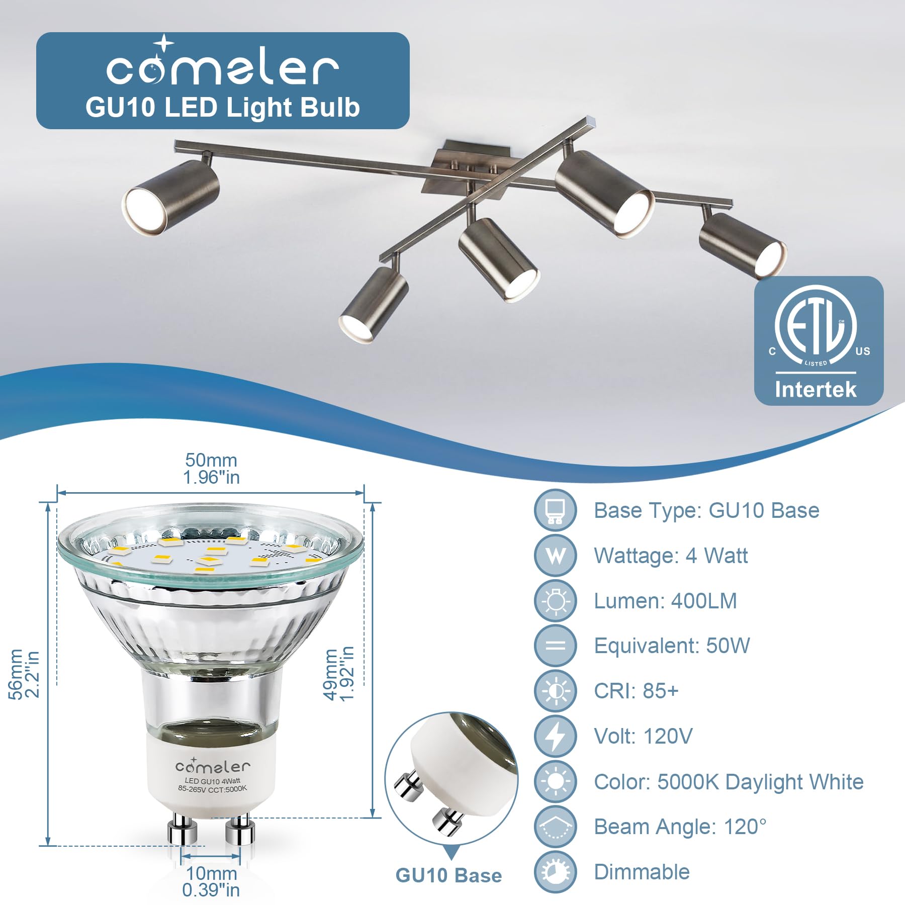 Comzler Gu10 Led Bulb Dimmable  50W Halogen Equivalent Gu10  5000K Daylight  Gu10 Bulb Replacement For Track Lighting  Mr16 Gu10 Light Bulb Led 4W 120Beam Angle 400Lm 120V Etl Listed 12 Pack
