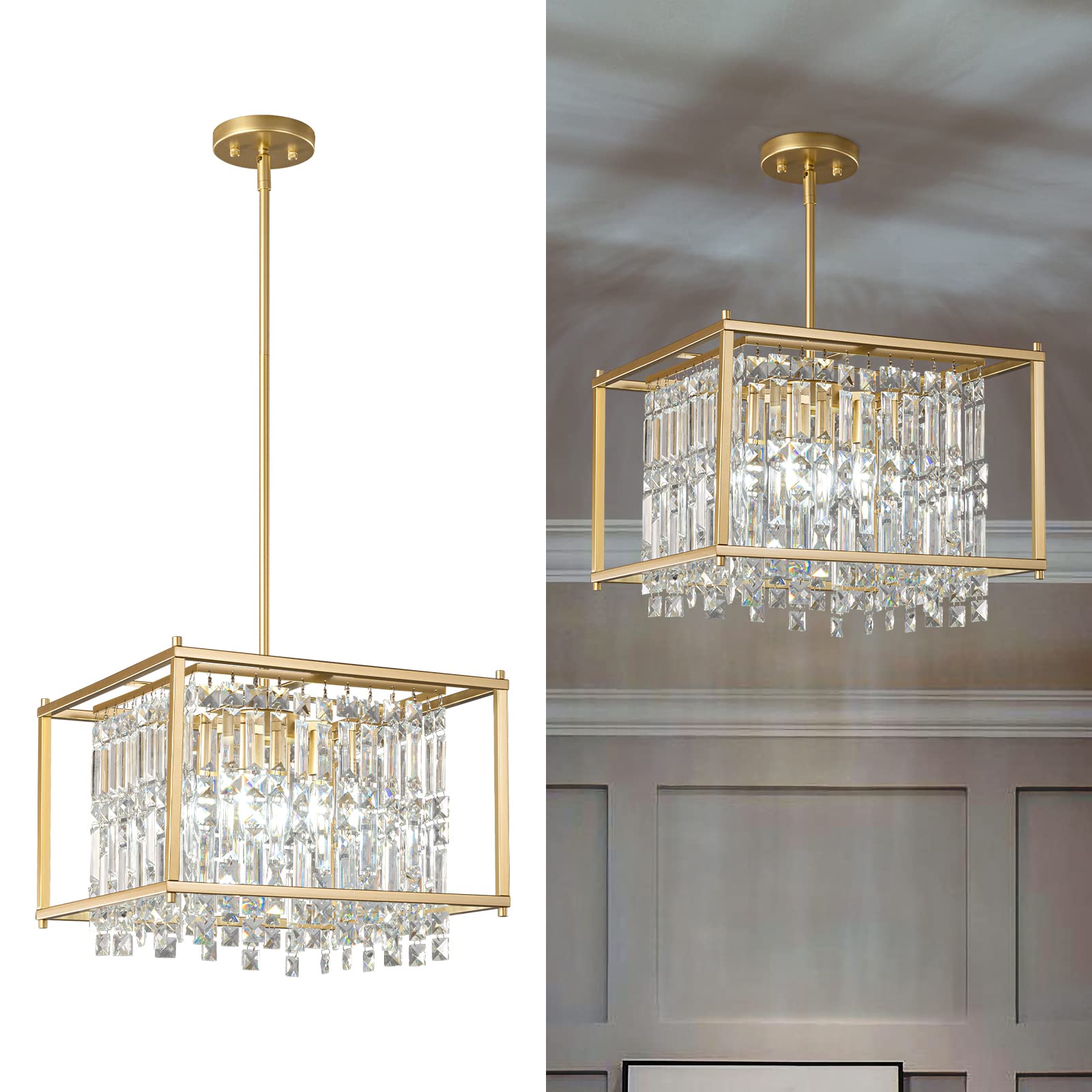 LMQNINE Modern Foyer Chandelier, Gold Crystal Chandelier Entryway Pendant Light Fixture, Square Adjustable Height Chandeliers fo