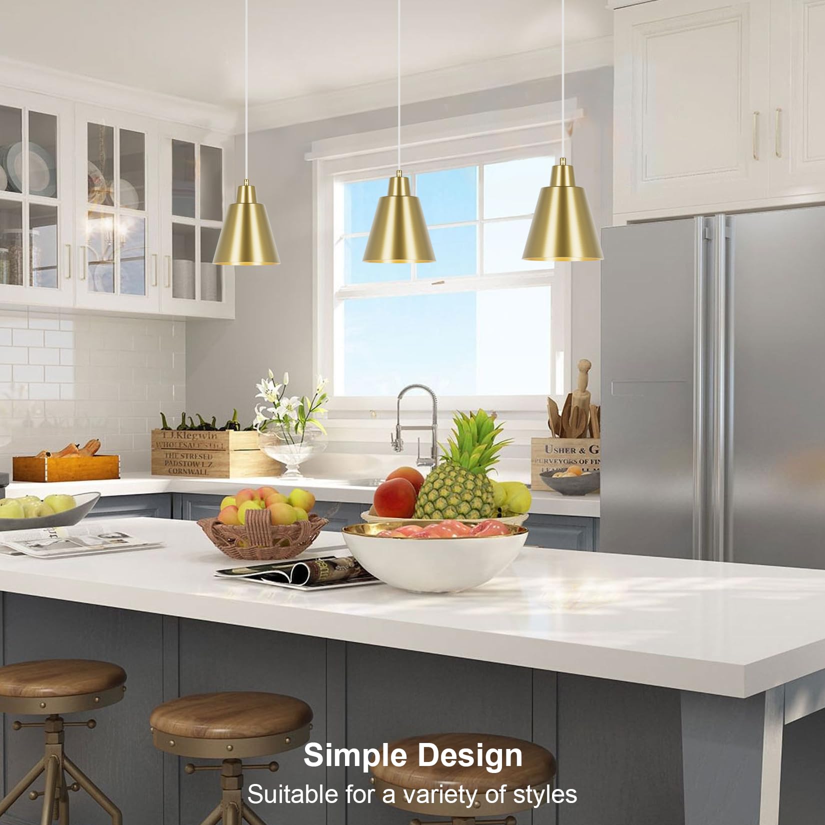 Brass Industrial Vintage Pendant Lights - Kitchen Island, Dining Table, Bedroom Bar - Black Metal Shade, 3 Pack