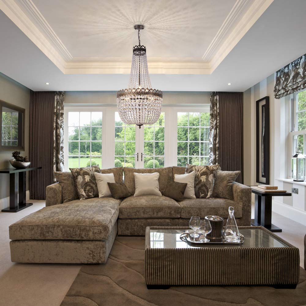 Wellmet Crystal Chandelier Lights, 9 Lights French Empire Chandelier Lighting High Ceiling Hanging Pendant Light Fixture for Din