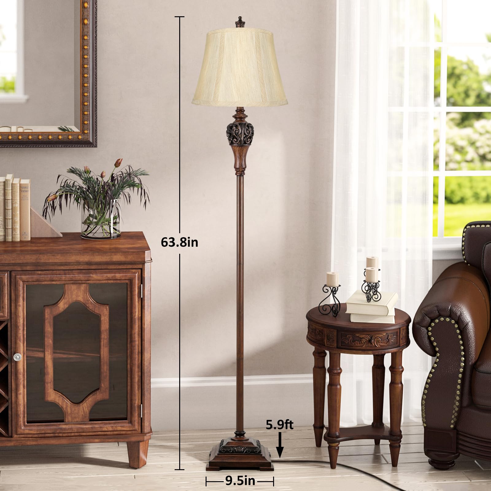 Sucolite Vintage Floor Lamp - Tall Antique Style with Cream & Brown Faux Silk Shade, Model AC029 for Living Room & Bedroom Decor