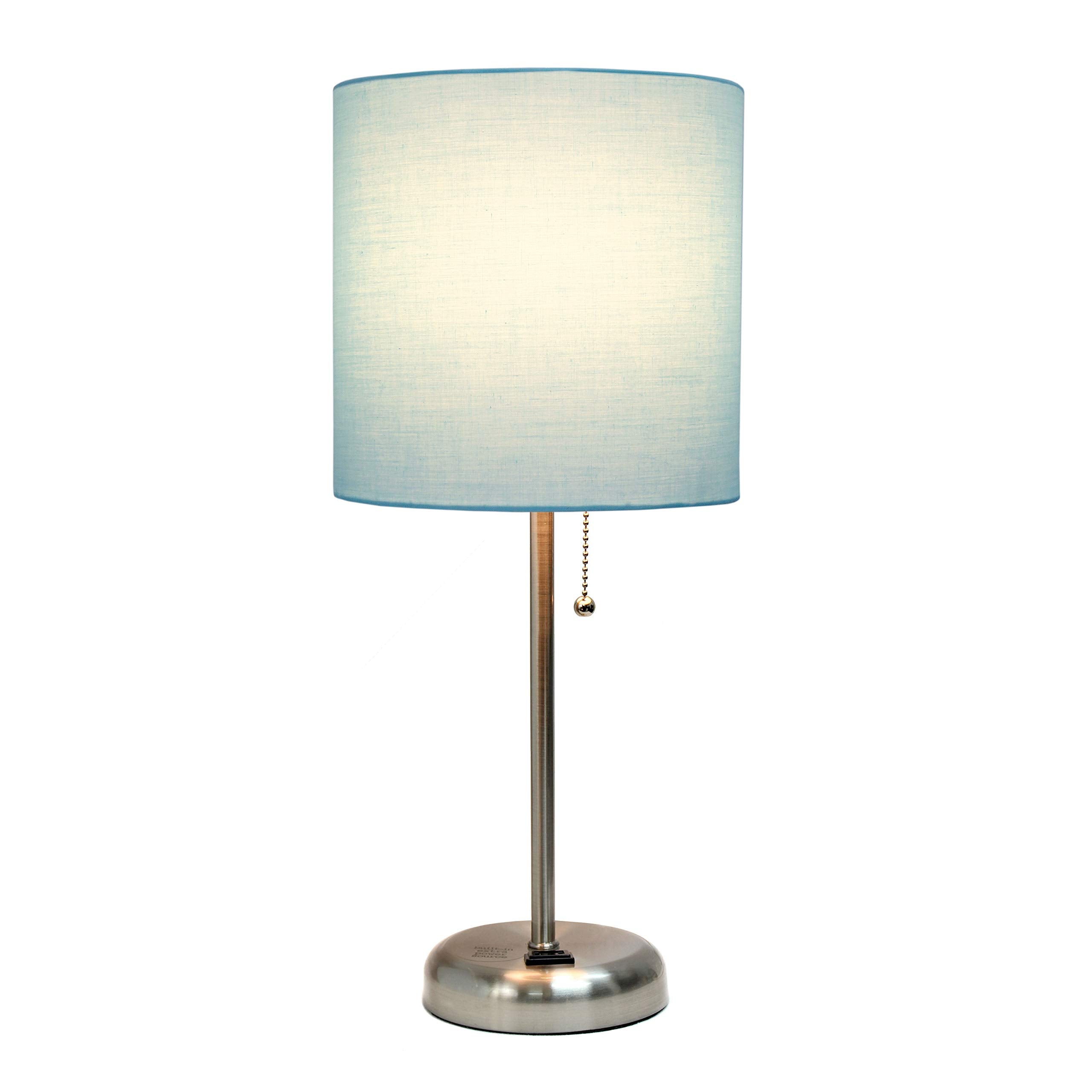 Simple Designs Lt2024-Aqu Brushed Steel Stick Table Desk Lamp With Charging Outlet And Drum Fabric Shade, Aqua