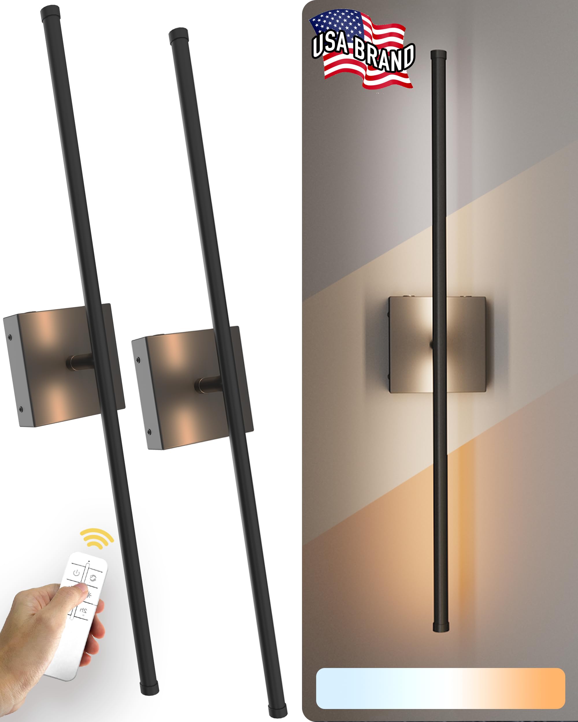 Battery Operated Wall Sconce Set Of Two With Adjustable Brightness & Tone - 6W Battery Sconces With Remote & Touch Control - Up