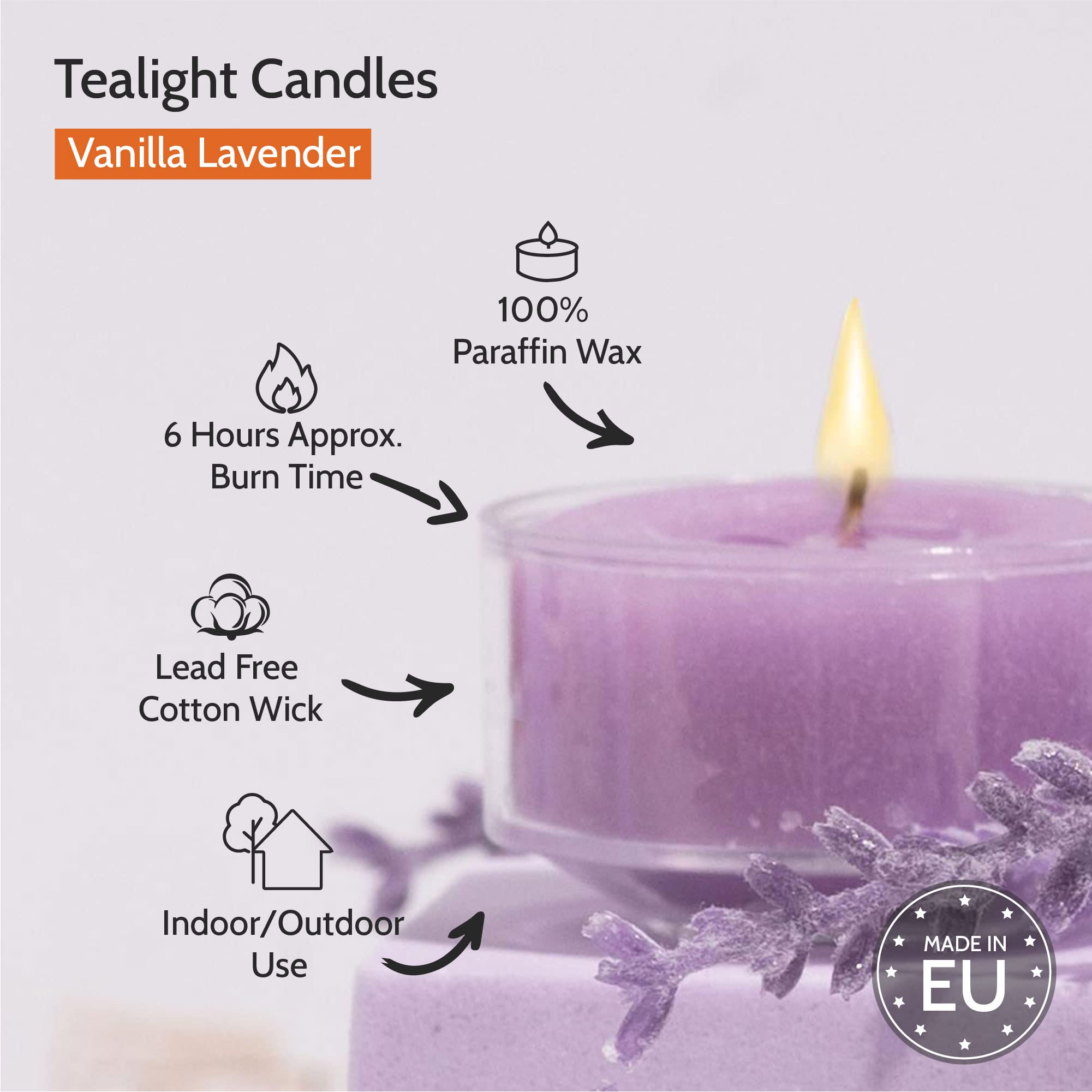 Hyoola Scented Tealight Candles - Clear Cup - Vanilla Lavender Tealight Candles Scented - 6 Hour Burn Time - 15 Pack - European Made