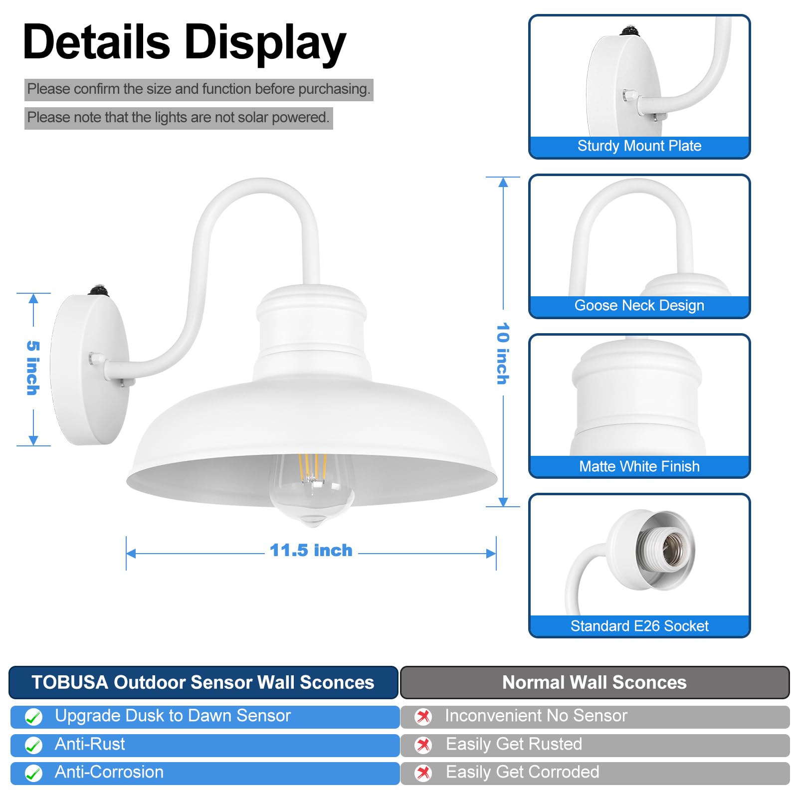 TOBUSA 2-Pack Outdoor Wall Lights, 11.5" Waterproof Gooseneck Barn Sconces, White, Model B11023PP