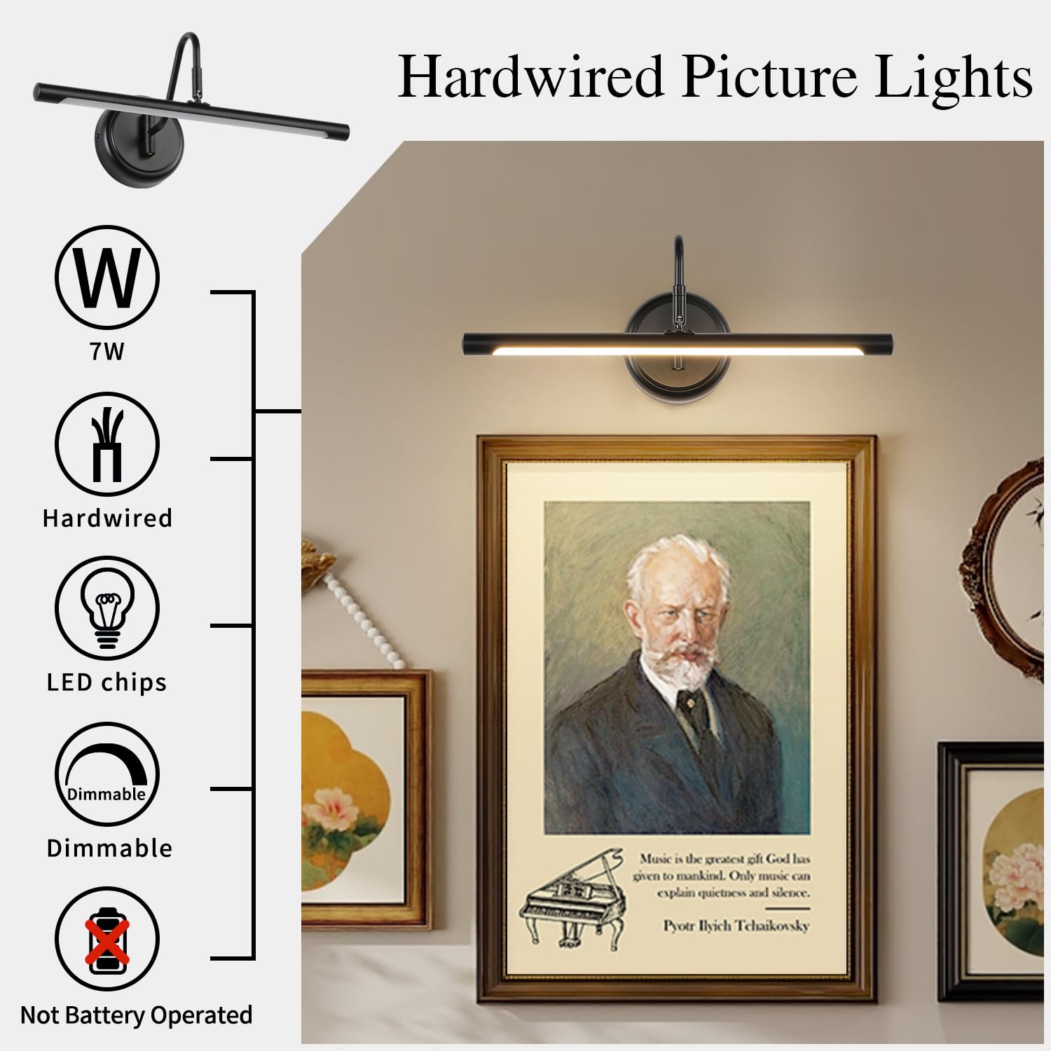 Joosenlux 16.5&quot; Hardwired Dimmable Black Picture Light For Paintings, Adjustable Direction 3000K