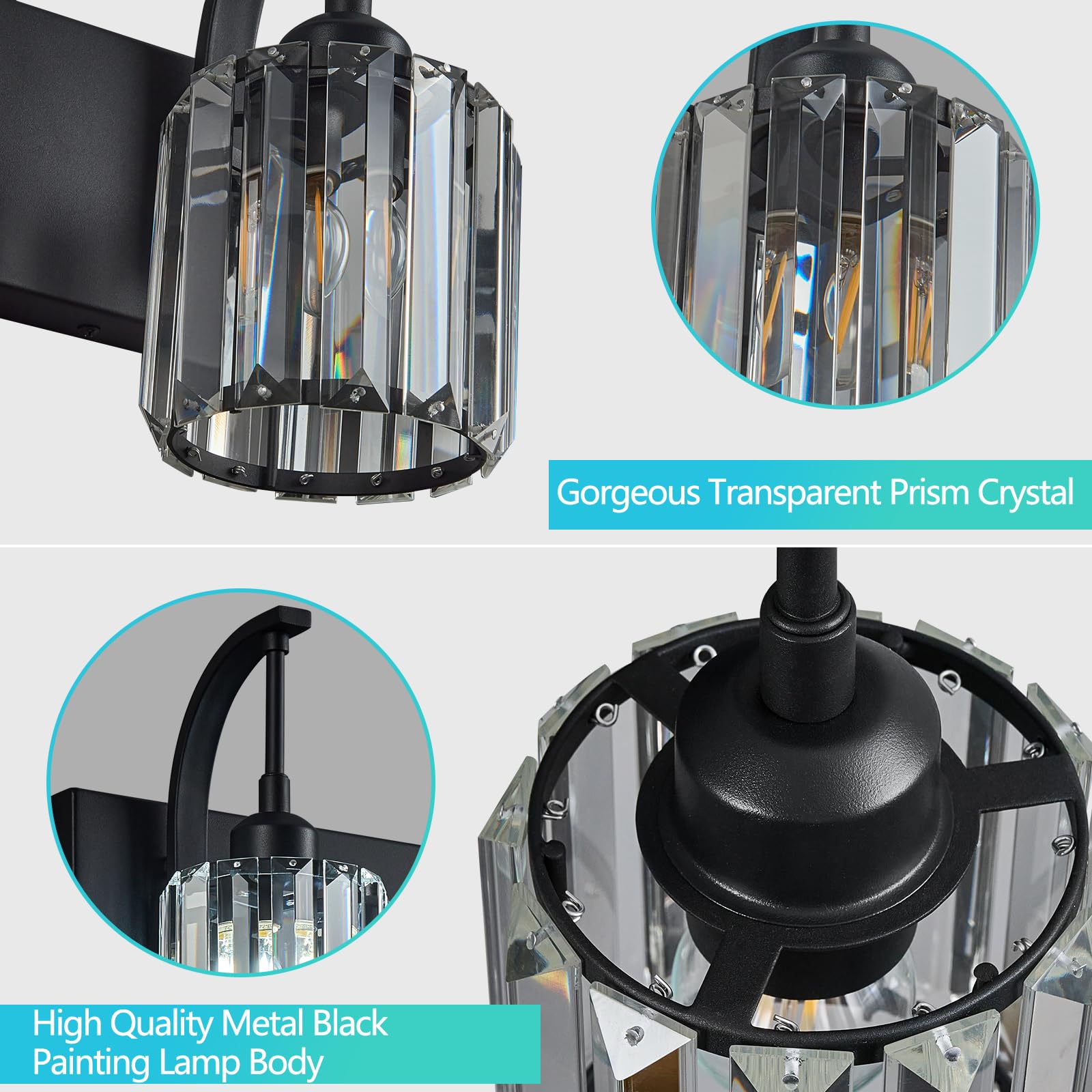 Fdpby 5-Light Crystal Vanity Light  Modern Black Bathroom Wall Sconce With K9 Crystal Shades  42.51 Long Over Mirror Lighting For Vanity  Makeup  Hallway  Elegant & Easy Installation